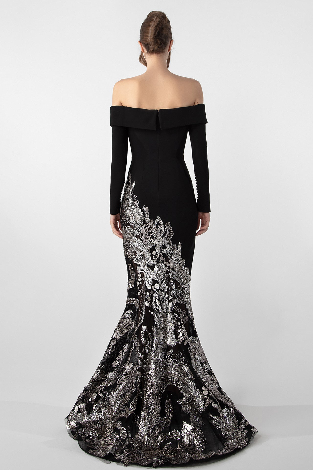 Off-Shoulder Crepe Gown with Beaded Embroidery