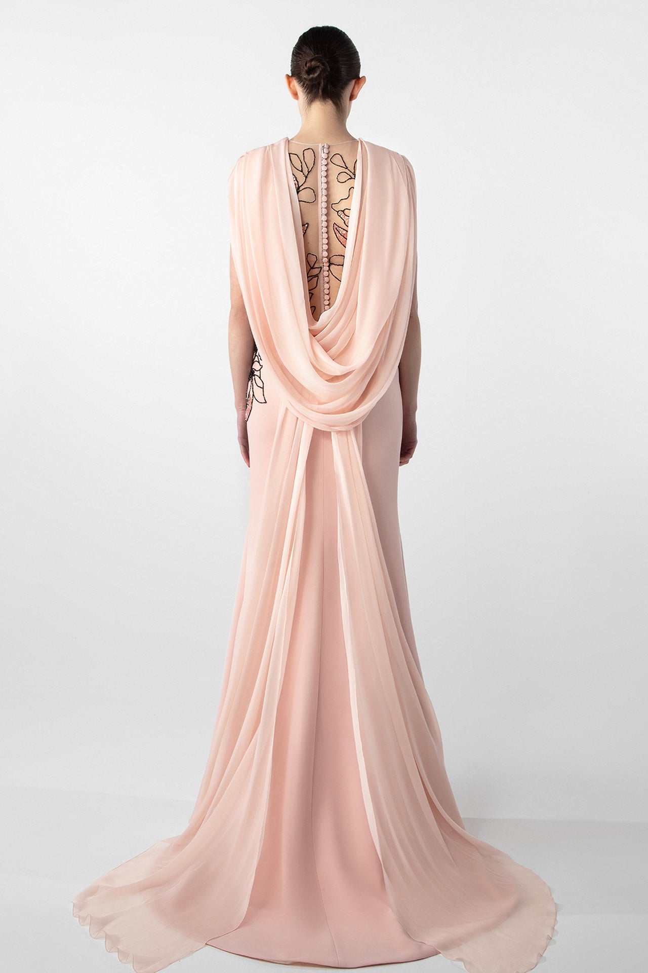 Fitted Crepe Dress with Embroidered Cape