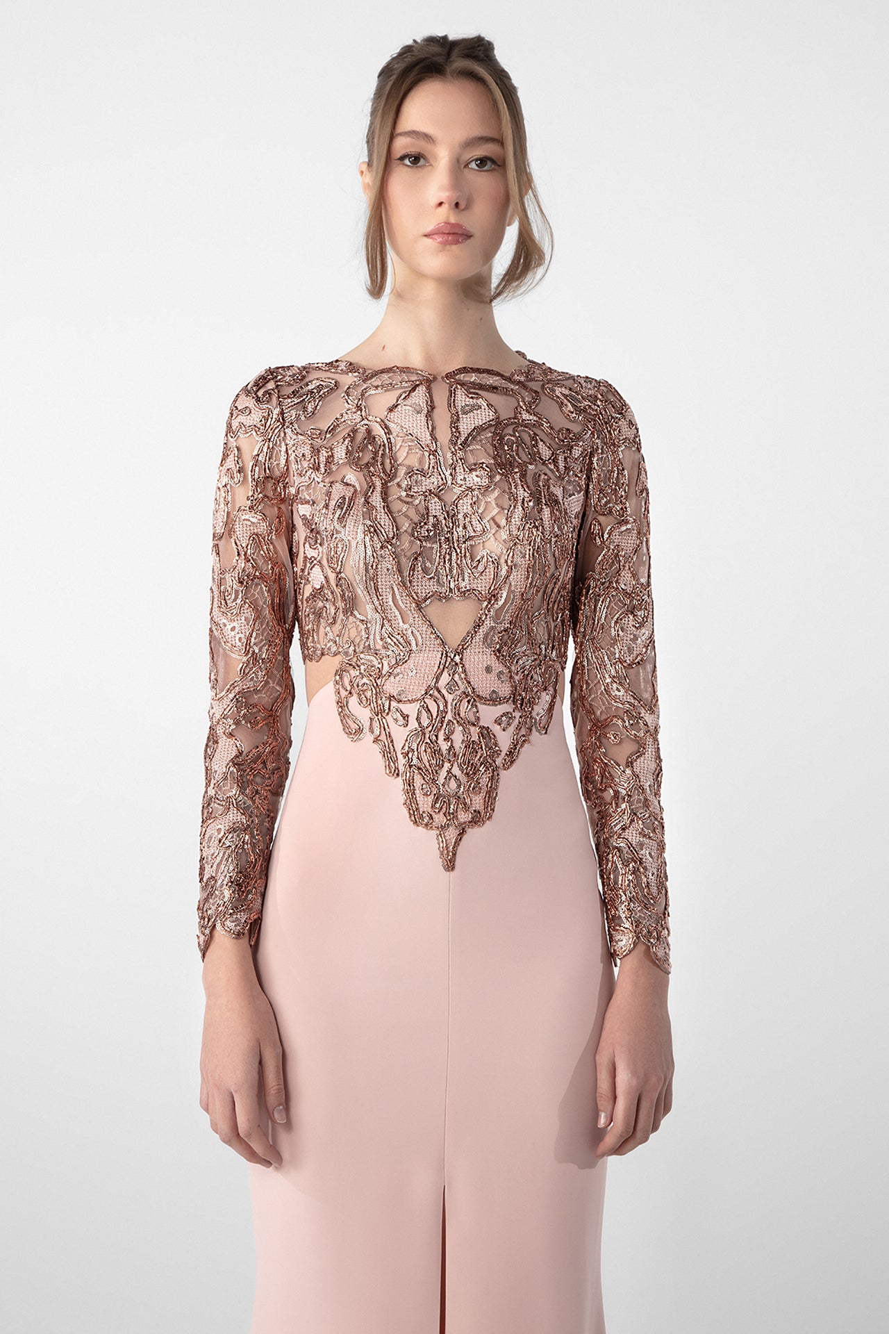 Embroidered Long-Sleeve Crepe Dress