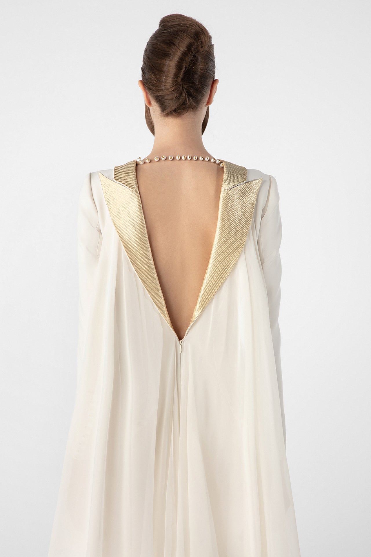 Crepe Dress with Metallic Collar and Chiffon Cape
