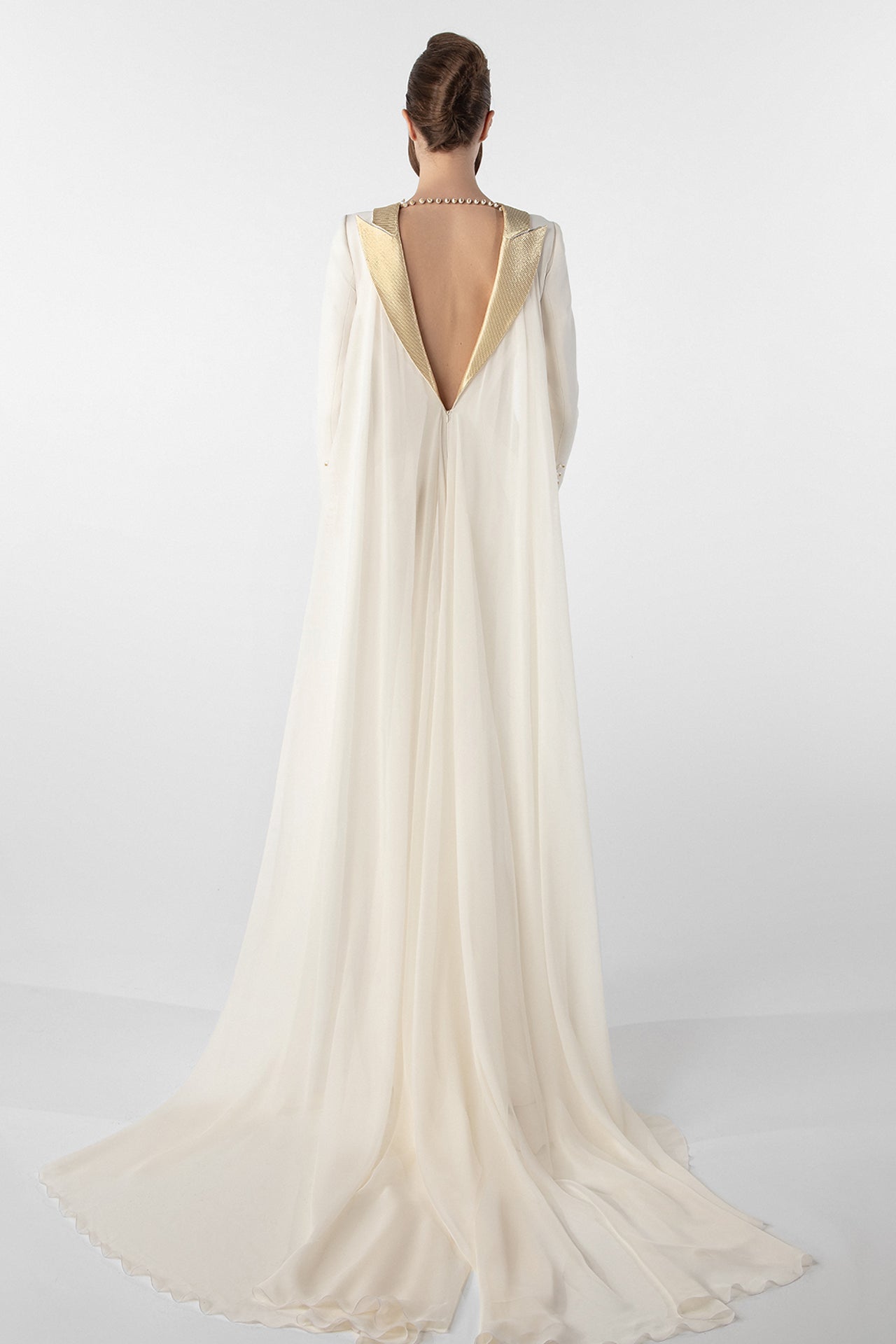 Crepe Dress with Metallic Collar and Chiffon Cape