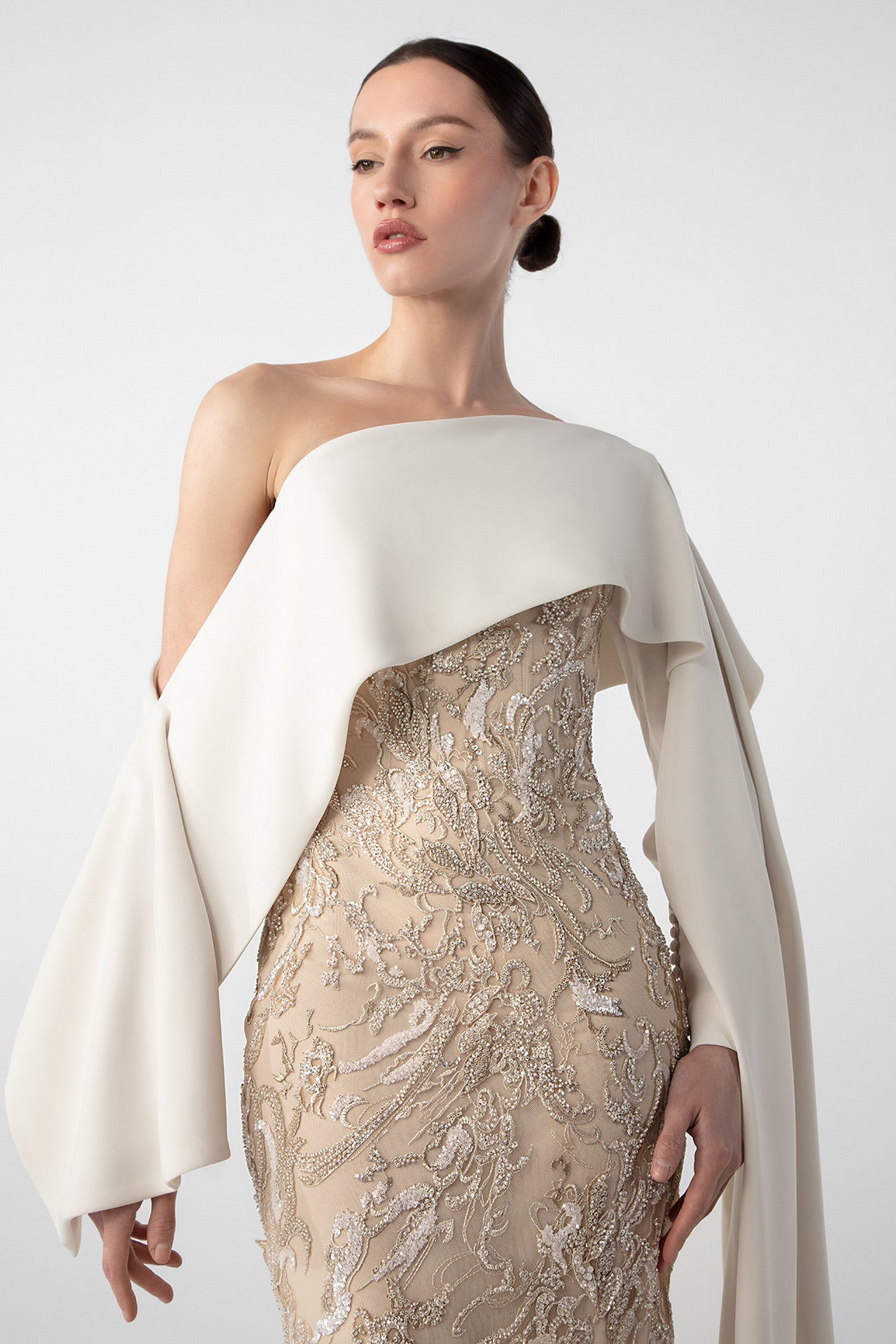 Embroidered Mermaid Dress with Draped Sleeve