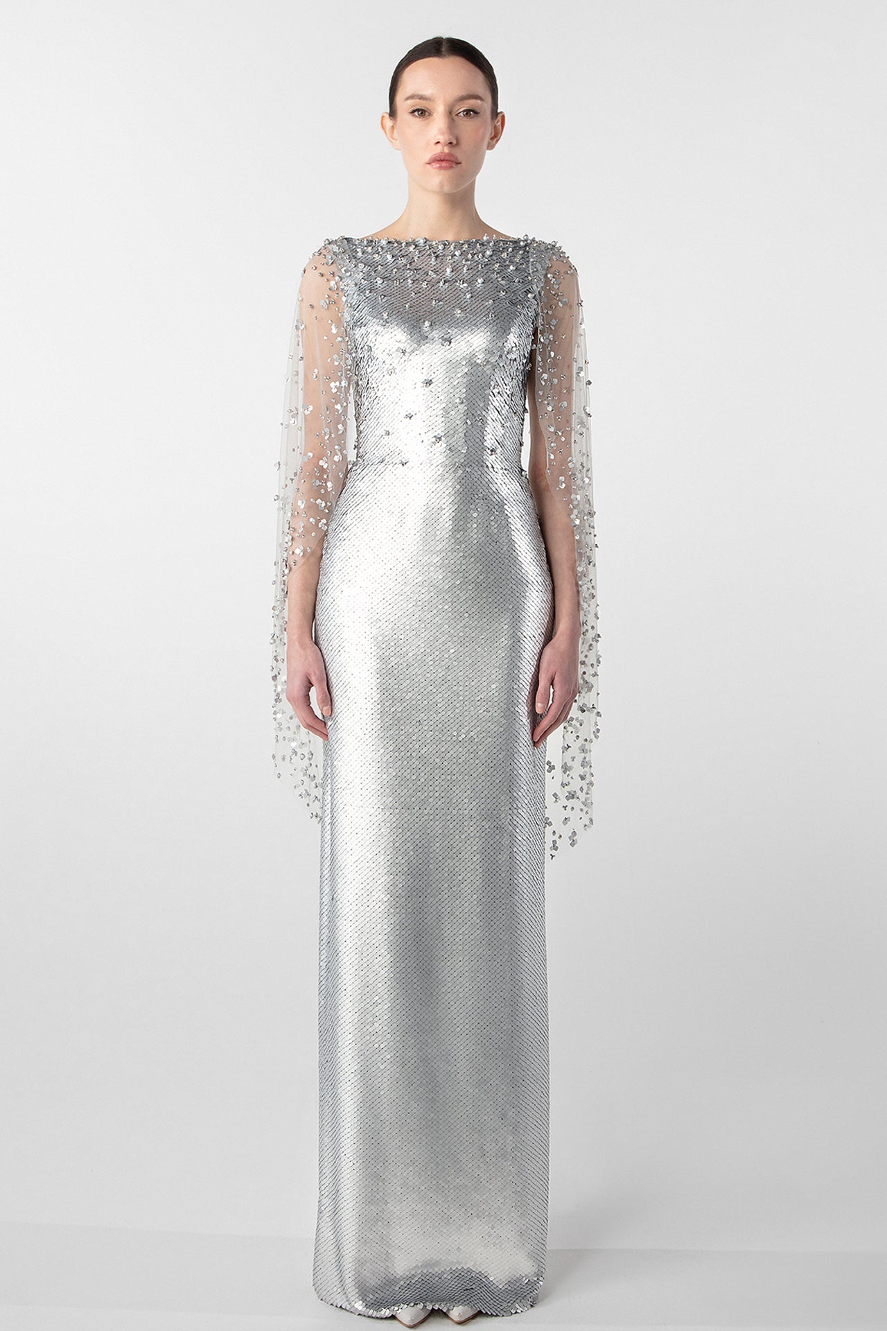 Crystal Embellished Column Dress with Tulle Cape