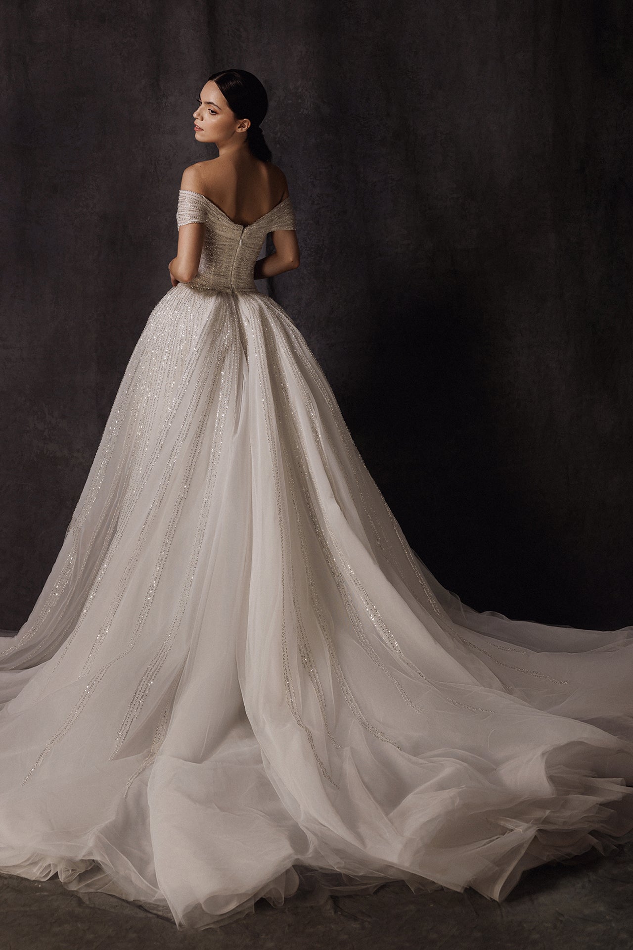 Off-the-Shoulder Fitted Wedding Gown with Sequined Overskirt