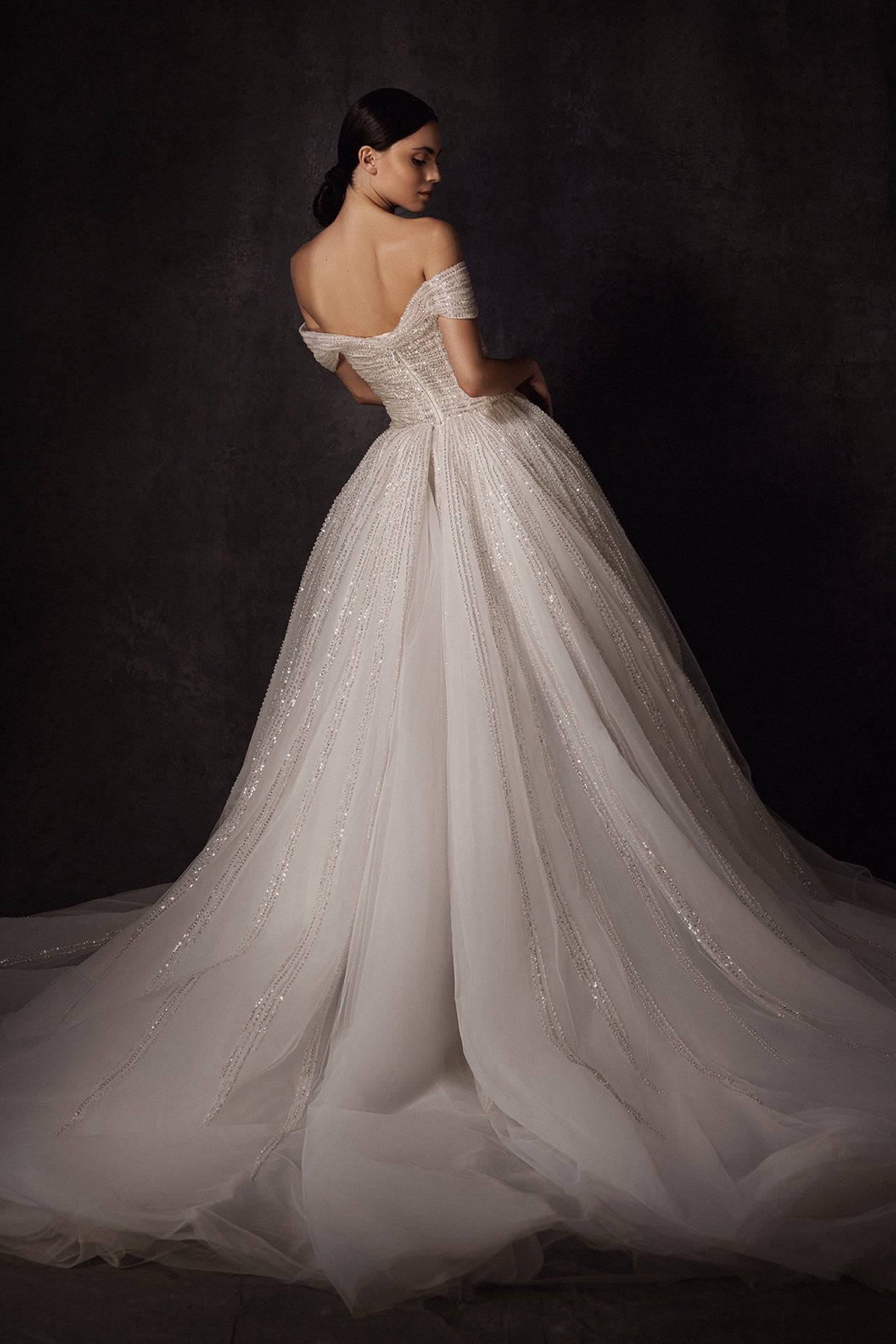Off-the-Shoulder Fitted Wedding Gown with Sequined Overskirt