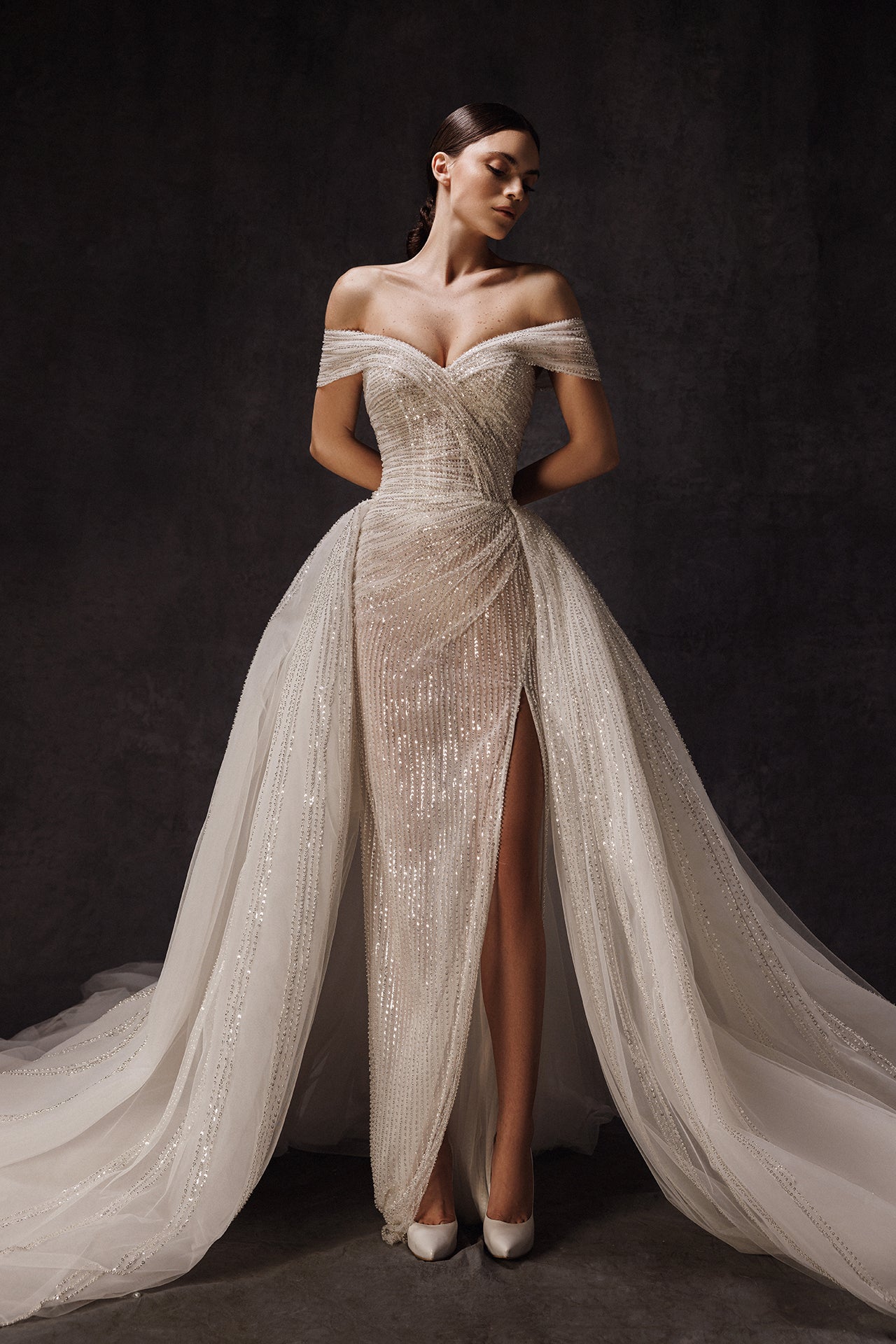 Off-the-Shoulder Fitted Wedding Gown with Sequined Overskirt