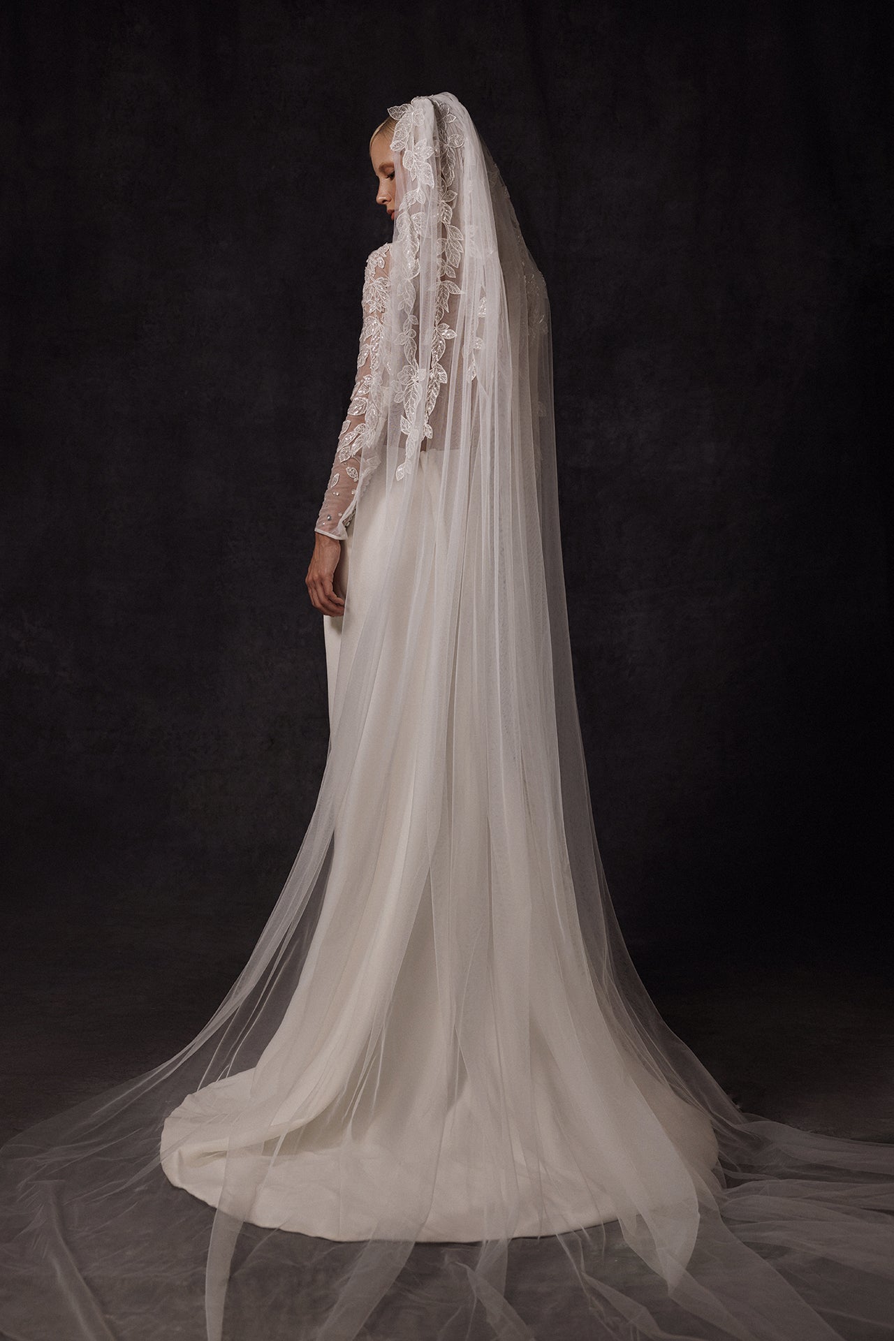 Long-Sleeved Mermaid Wedding Gown with Embroidered Bodice and Open Back