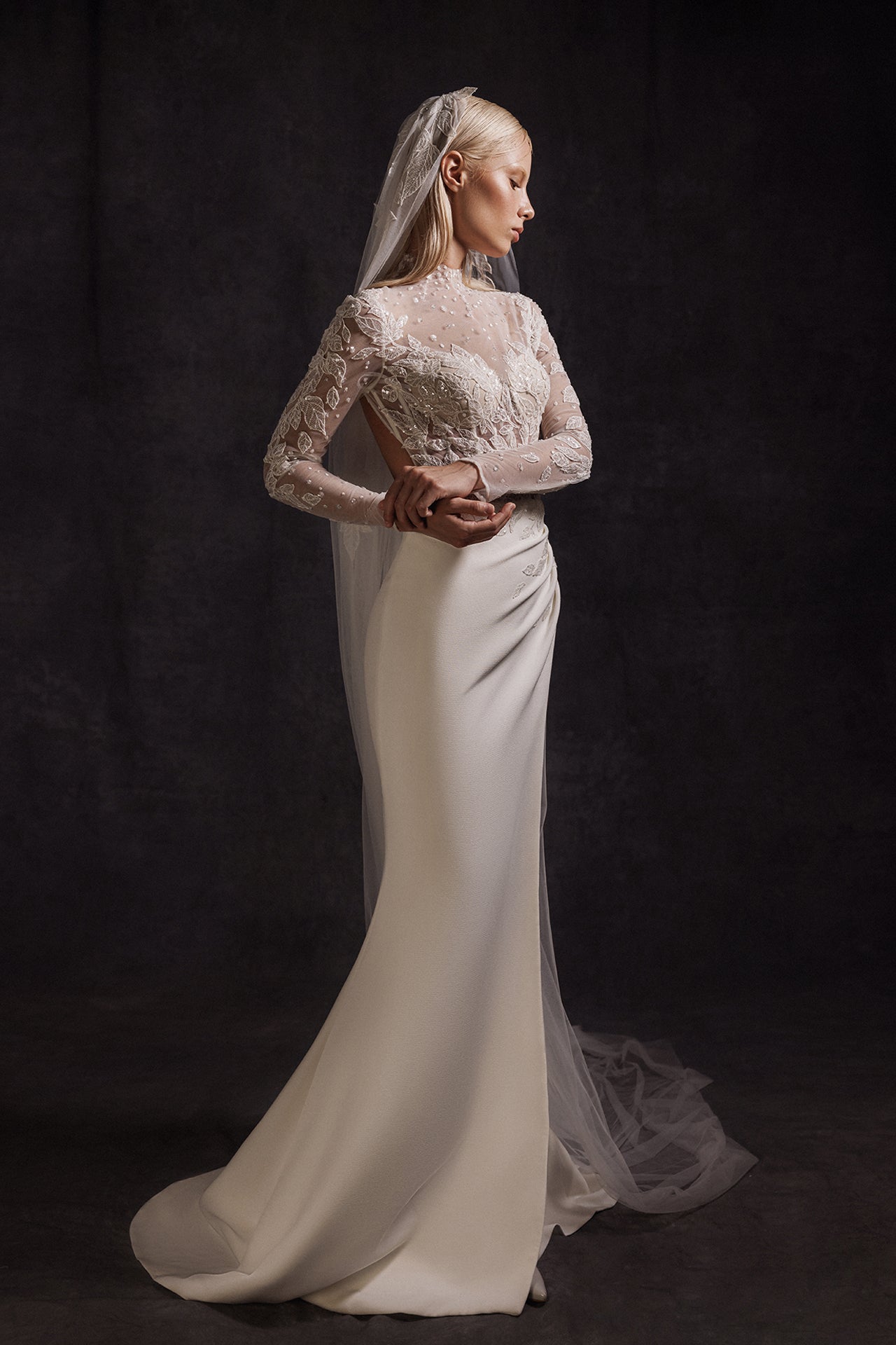 Long-Sleeved Mermaid Wedding Gown with Embroidered Bodice and Open Back