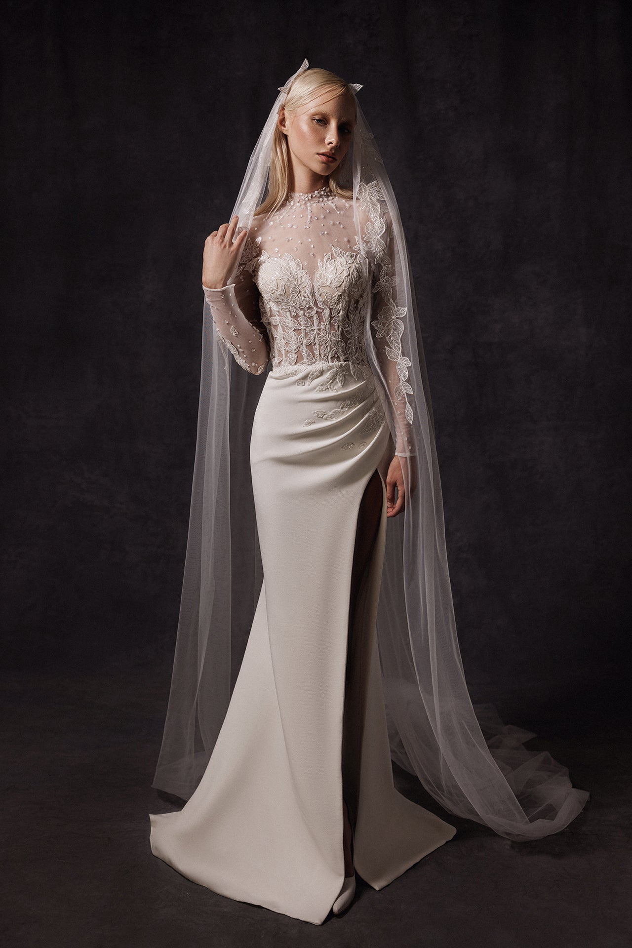 Long-Sleeved Mermaid Wedding Gown with Embroidered Bodice and Open Back