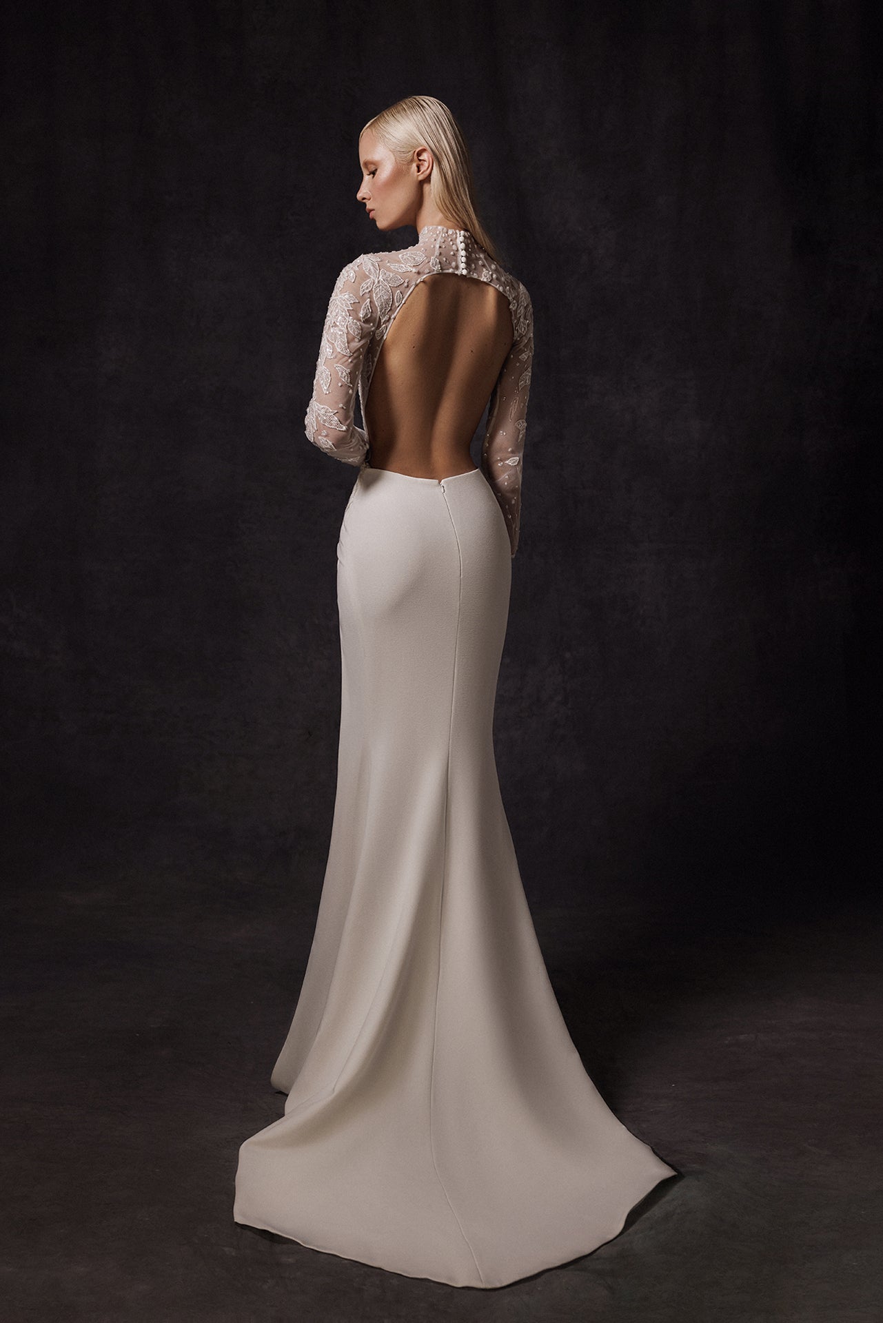 Long-Sleeved Mermaid Wedding Gown with Embroidered Bodice and Open Back