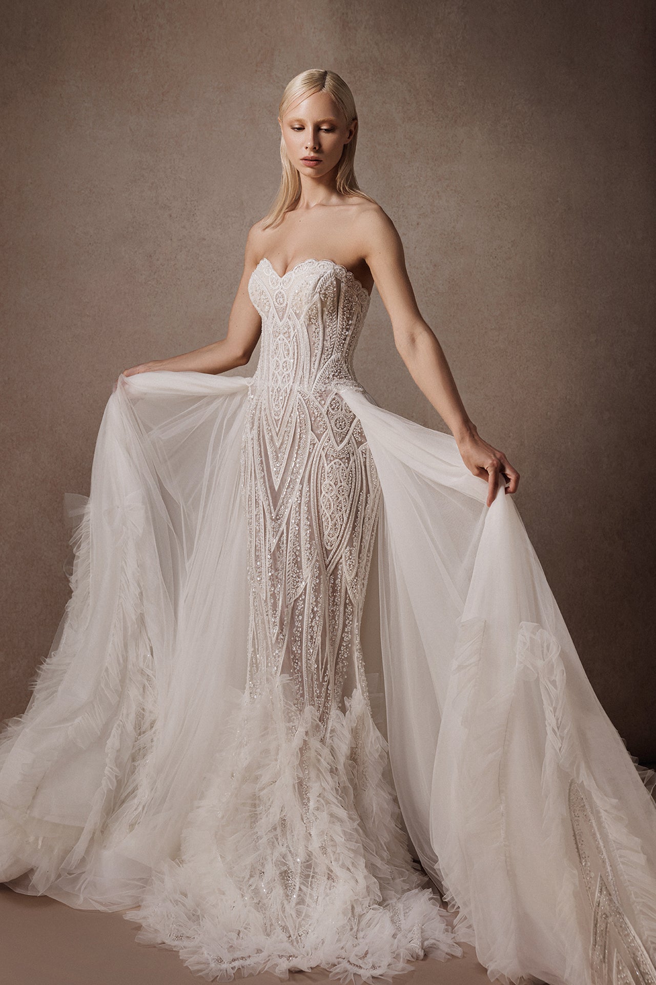 Strapless Column Gown with Sequins, Crystal Stones and Overskirt