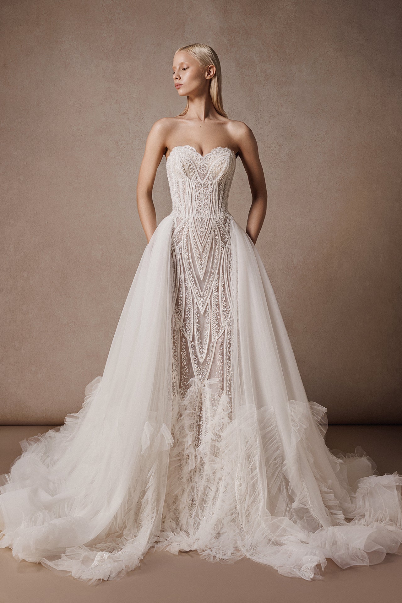 Strapless Column Gown with Sequins, Crystal Stones and Overskirt