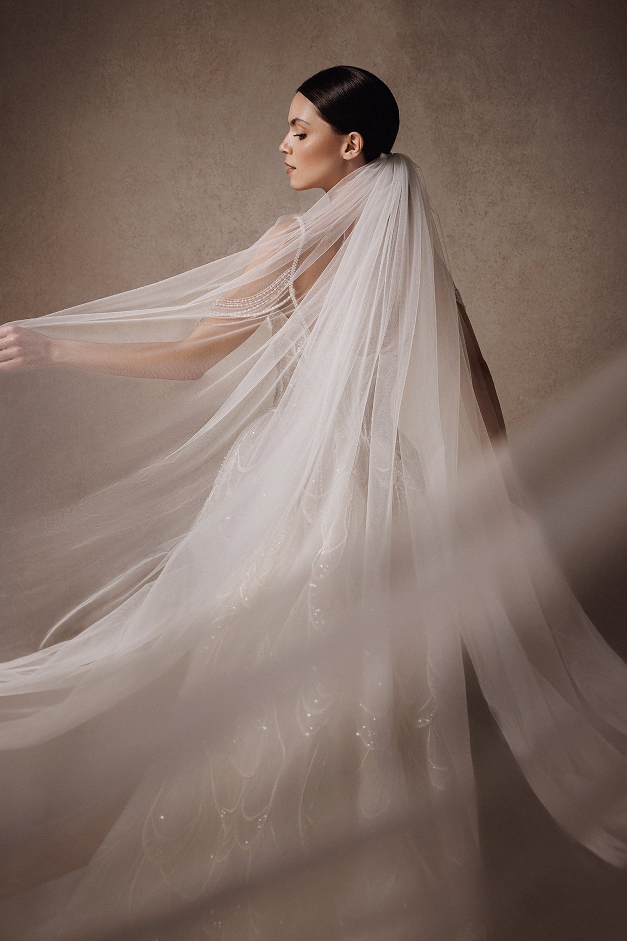 Off-the-Shoulder Princess Wedding Gown with Embroidered Bodice and Sequined Skirt
