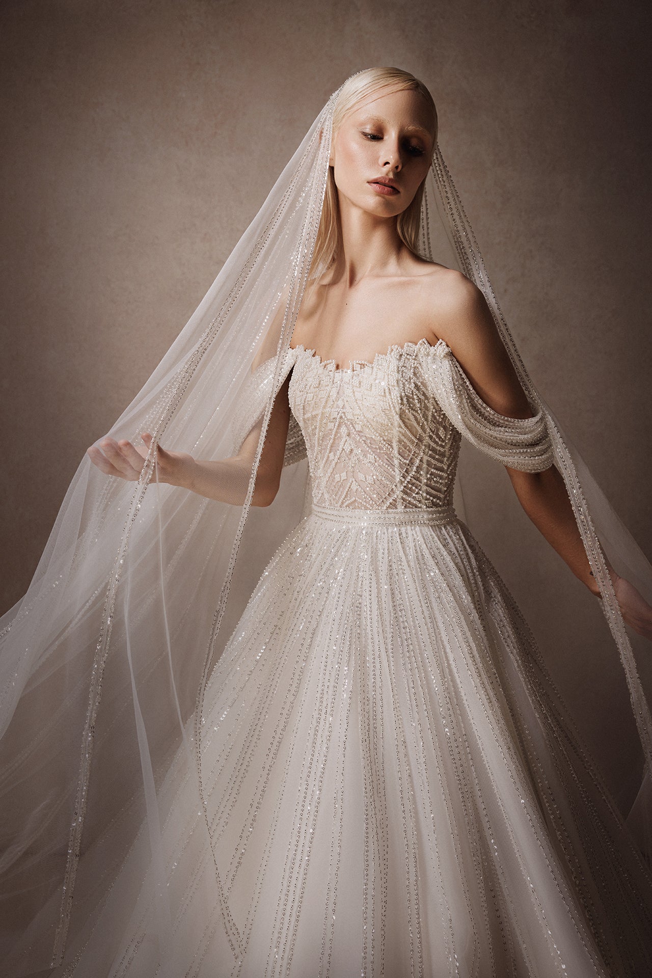 Off-the-Shoulder Princess Wedding Gown with Embroidered Bodice and Sequined Skirt