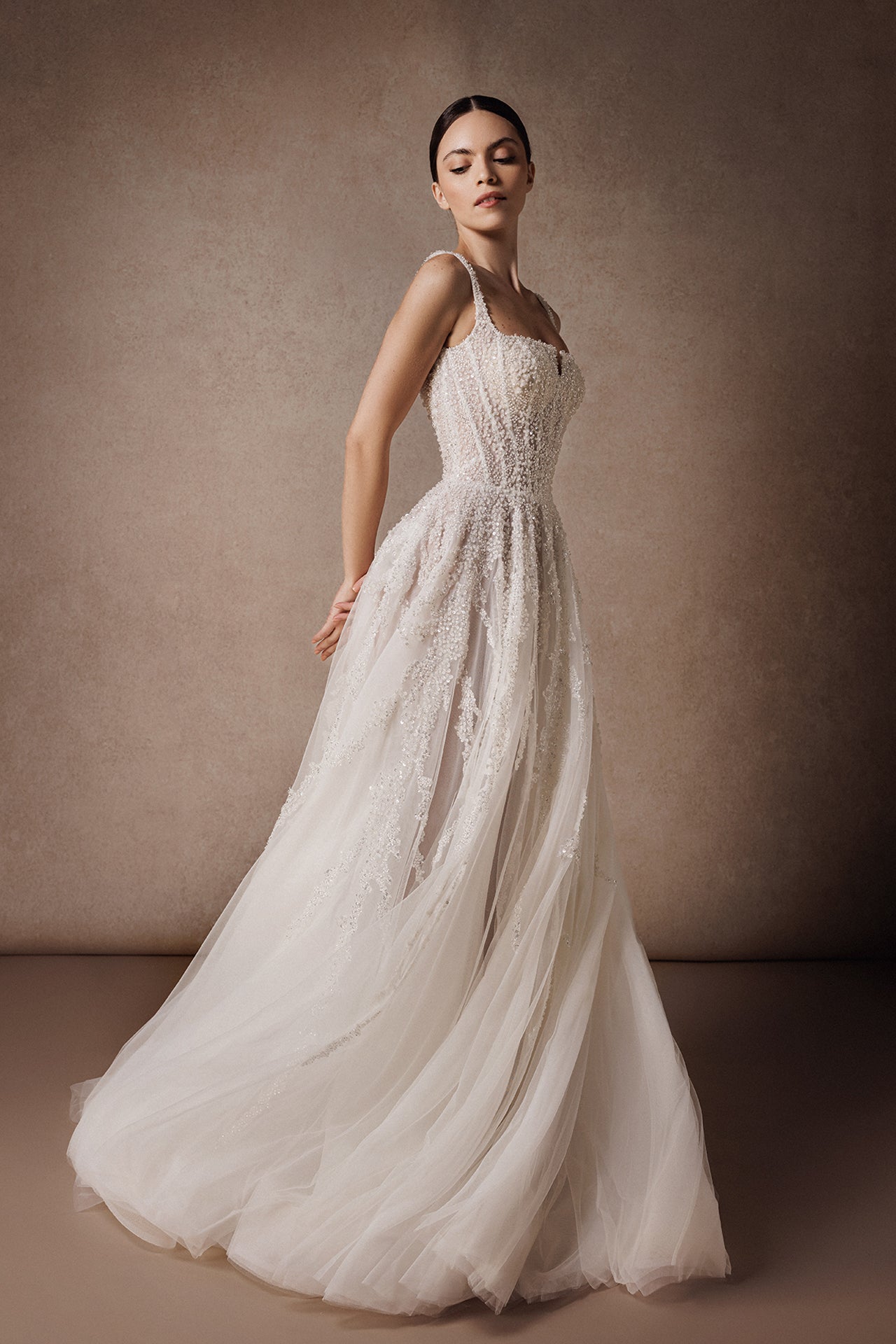Sleeveless A-Line Wedding Gown with Square Neckline and Beaded Embroidery