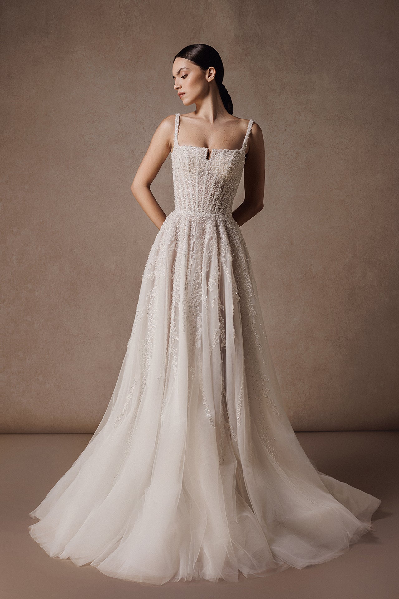 Sleeveless A-Line Wedding Gown with Square Neckline and Beaded Embroidery