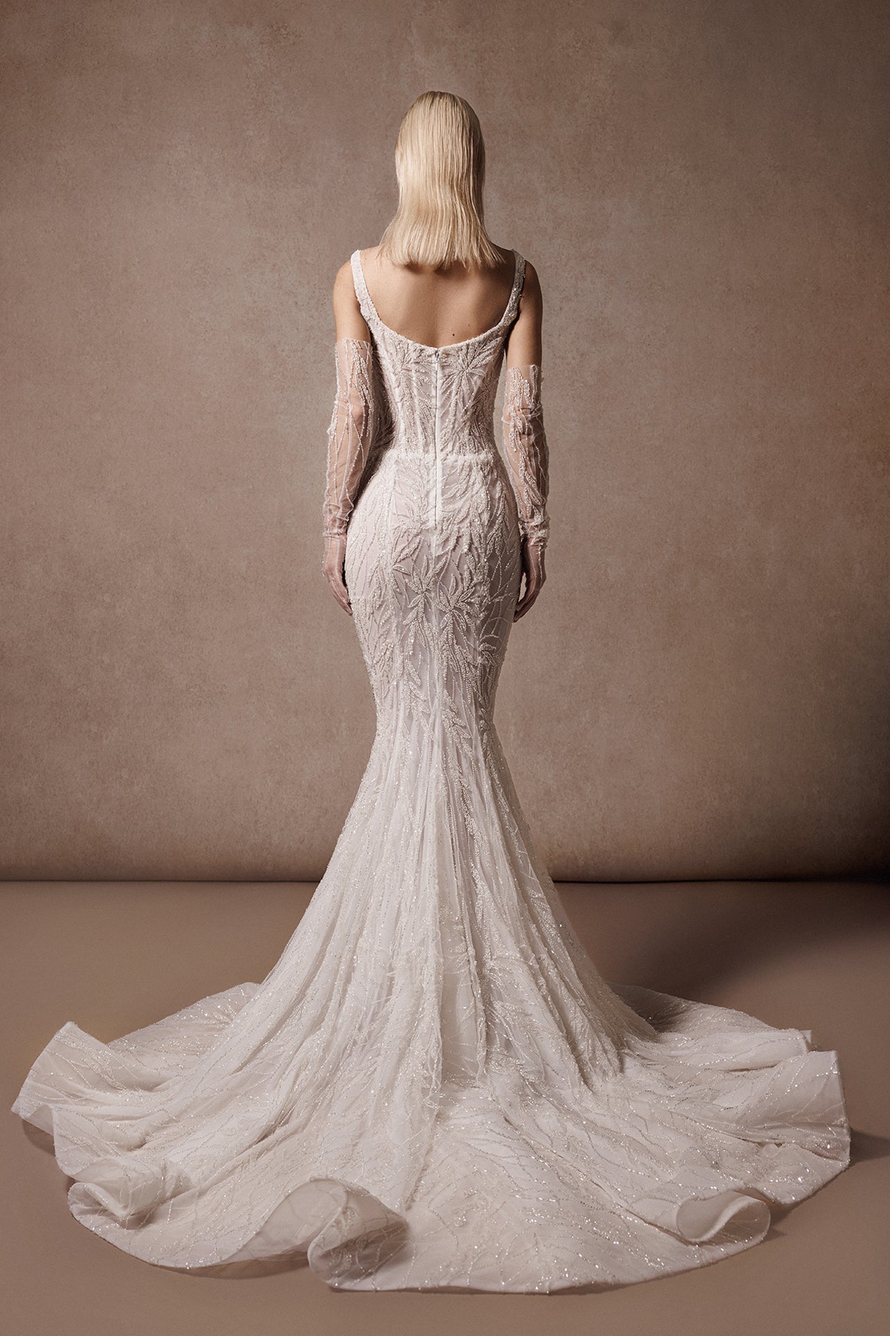 Sleeveless Mermaid Wedding Gown with Beaded Embroidery and Gloves