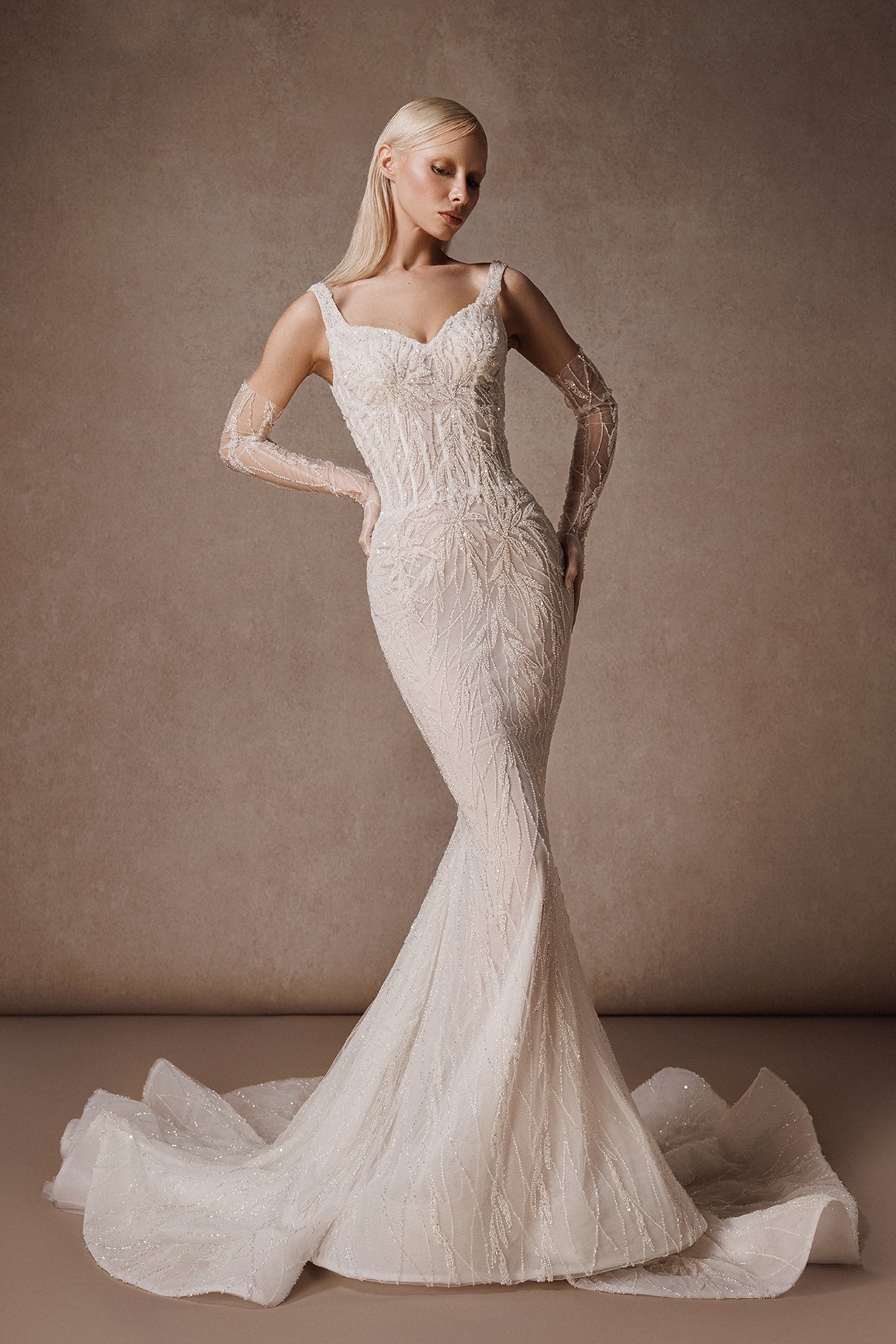 Sleeveless Mermaid Wedding Gown with Beaded Embroidery and Gloves