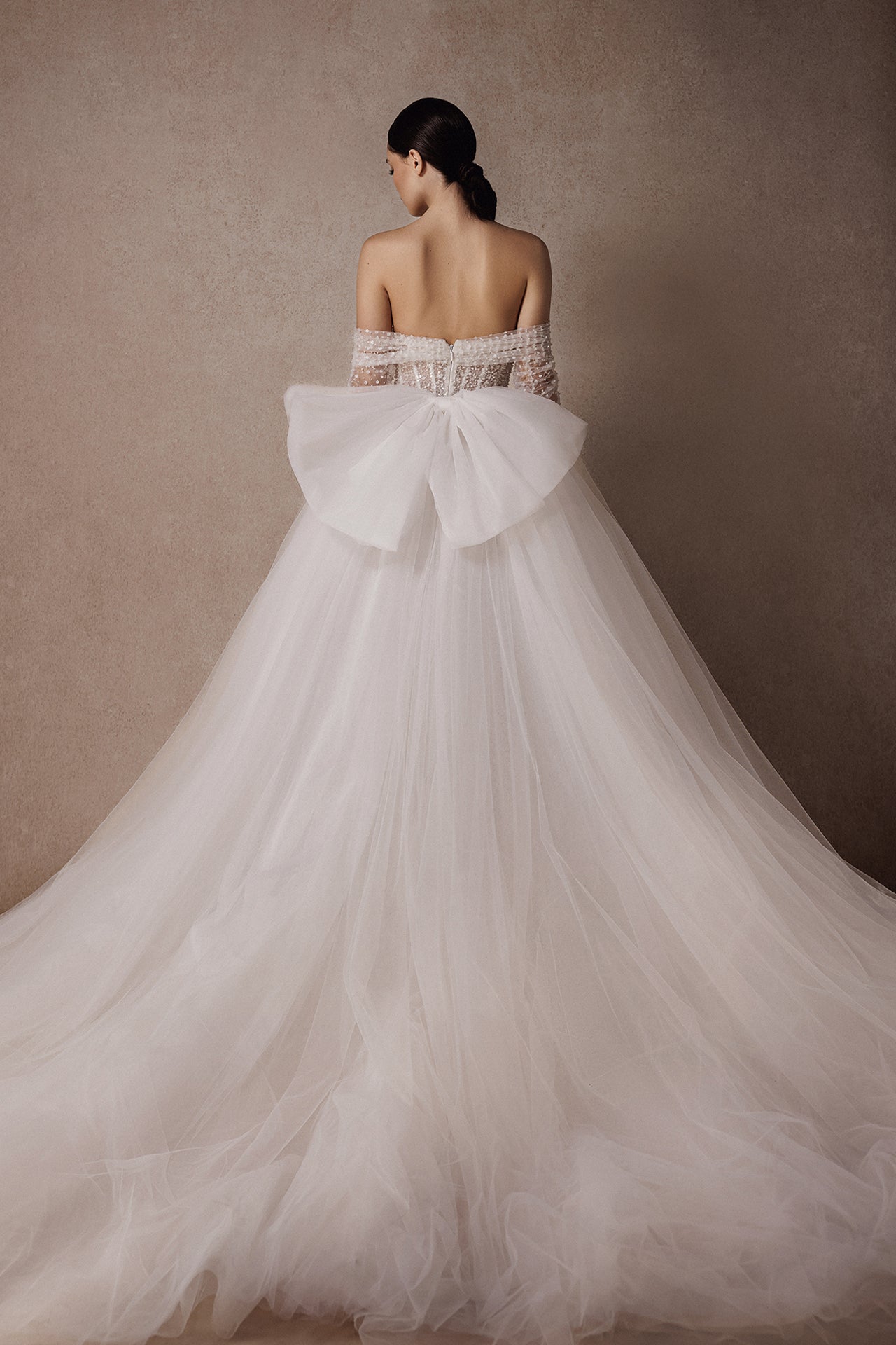 Off-the-Shoulder Column Gown with Hand-Embroidered Pearls and Sequins