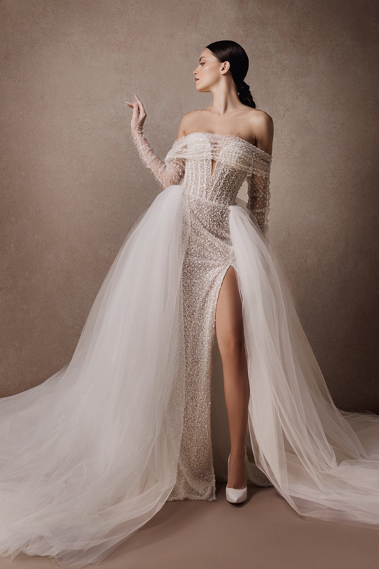 Off-the-Shoulder Column Gown with Hand-Embroidered Pearls and Sequins