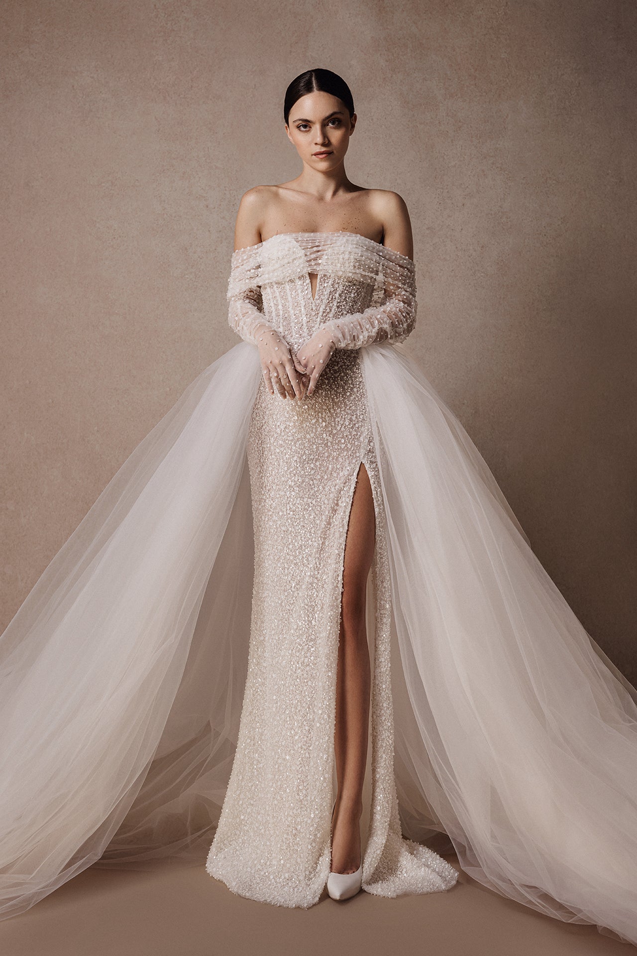 Off-the-Shoulder Column Gown with Hand-Embroidered Pearls and Sequins