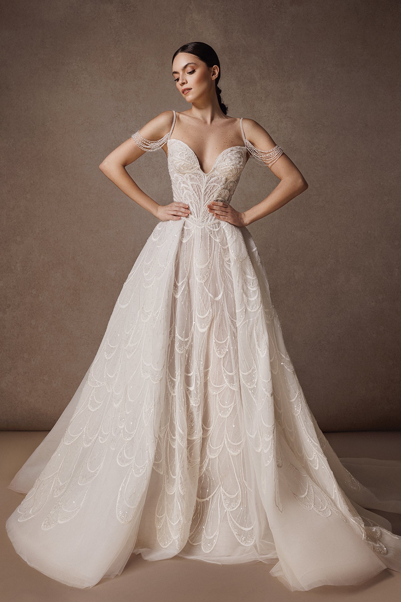 Princess Wedding Gown with Beaded Shoulder Straps and Butterfly Wing Embroidery