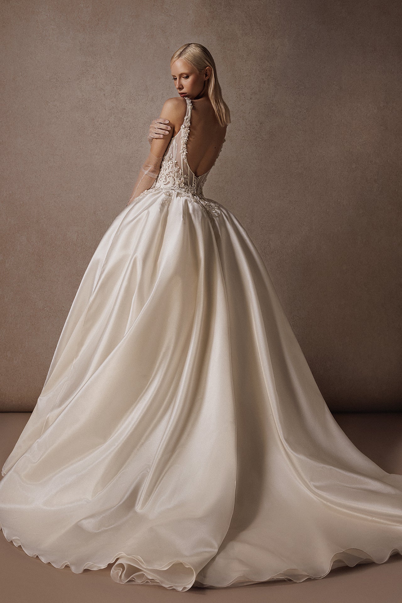 Sleeveless Princess Wedding Gown with Embroidered Corset and Gloves