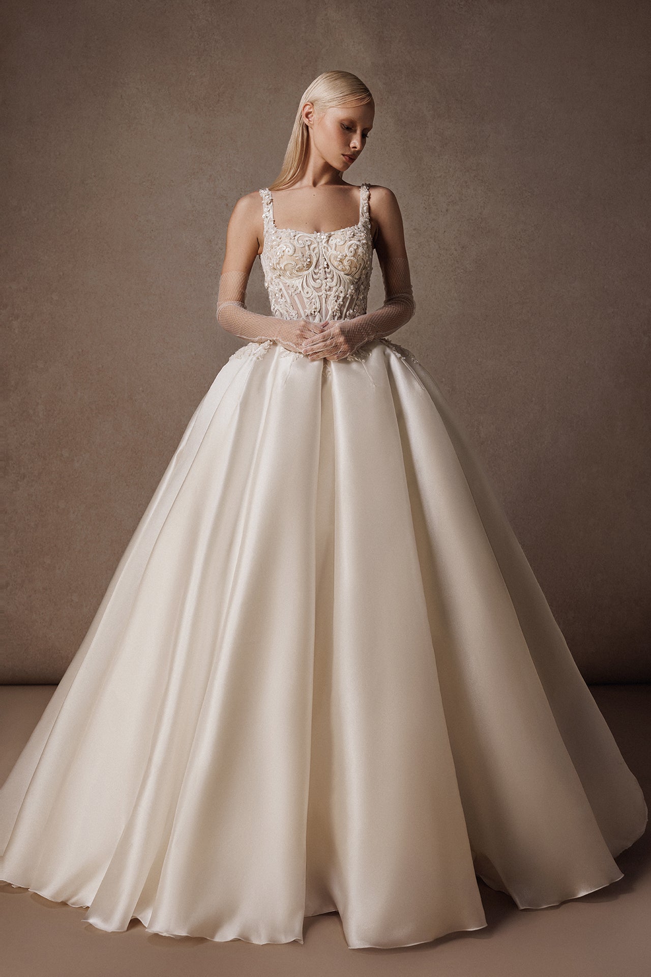 Sleeveless Princess Wedding Gown with Embroidered Corset and Gloves