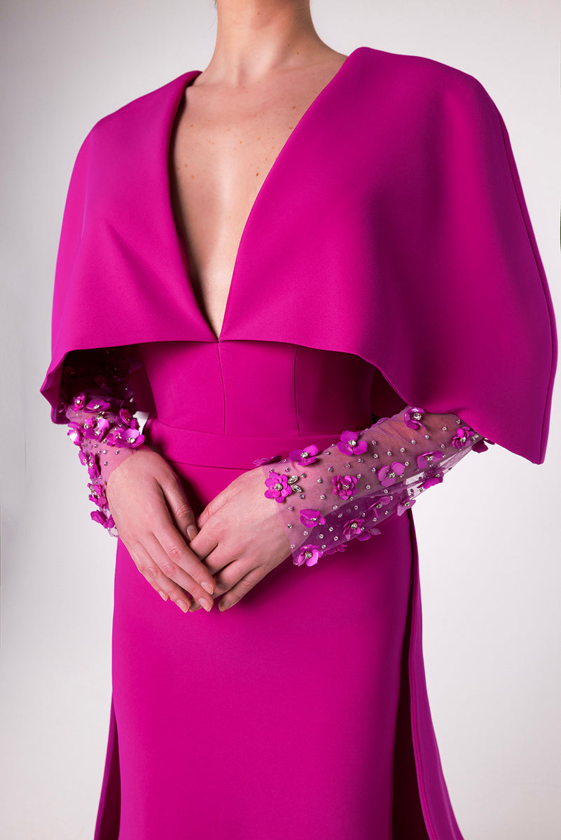 Deep V-Neck Evening Dress with Floral-Embellished Sleeves