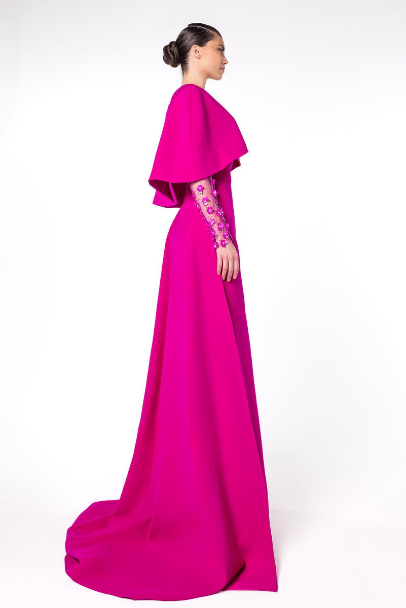 Deep V-Neck Evening Dress with Floral-Embellished Sleeves – Gattinolli by  Marwan