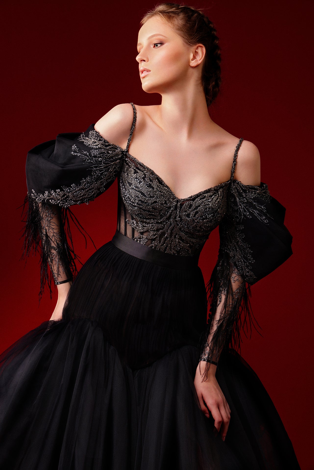 Beaded Bodice Off Shoulder High-Low Dress