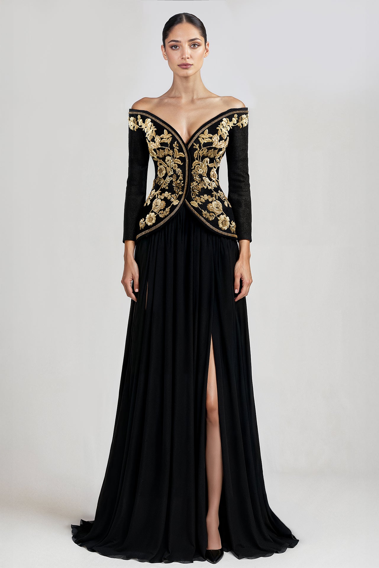 Off-Shoulder gold Embroidered Dress