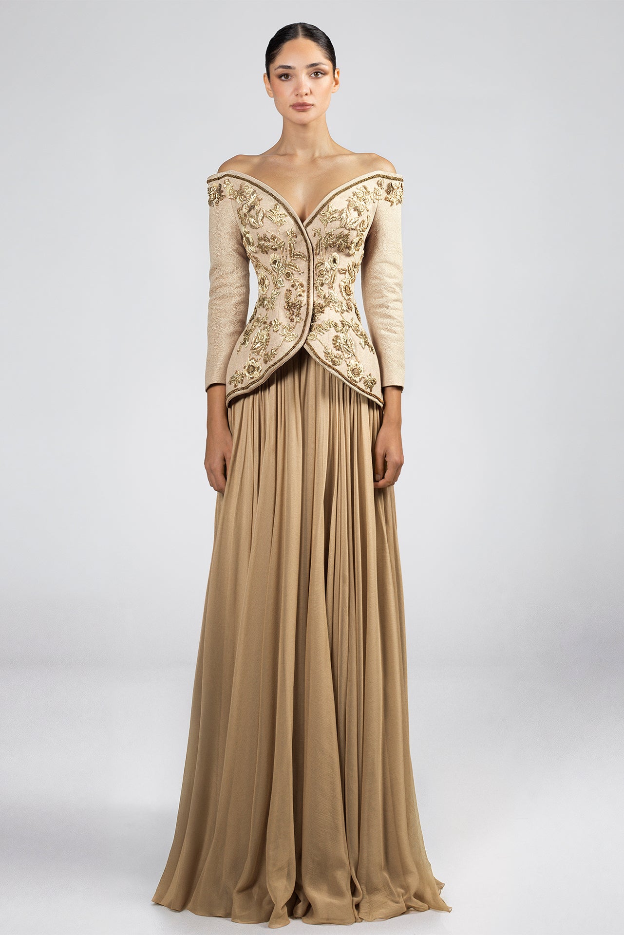 Off-Shoulder Embroidered Dress with  Two Front Slits