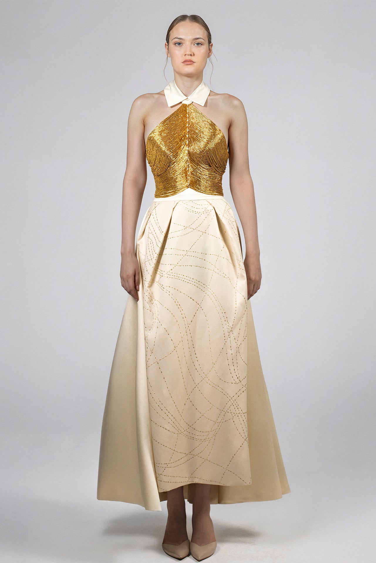 Halter-Neck Evening Dress with Sequined Bodice