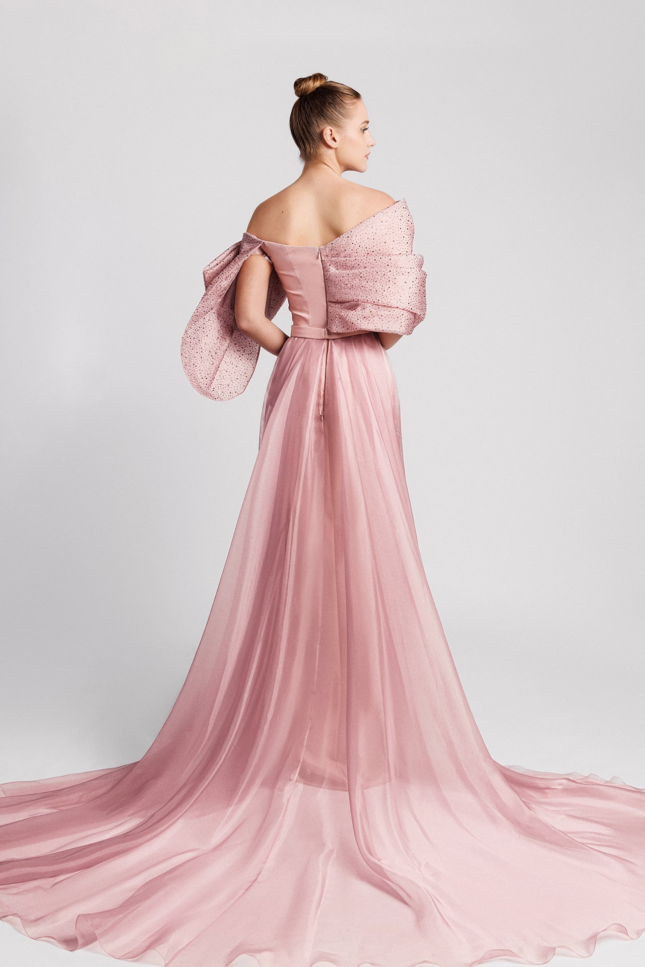 Asymmetric Column Dress with Crystal-Embroidered Bow