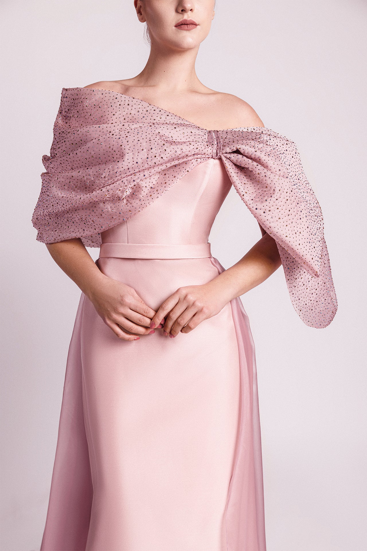Asymmetric Column Dress with Crystal-Embroidered Bow