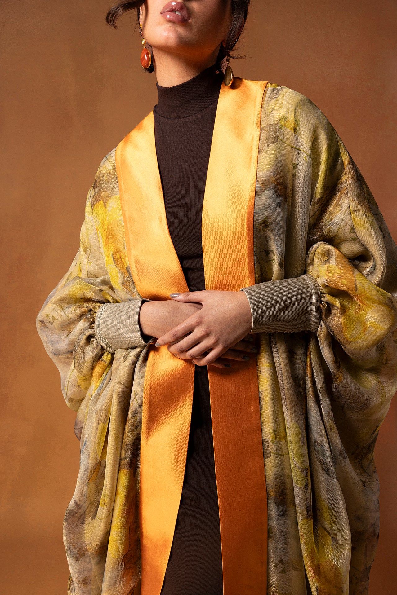 Printed Silk Organza Kaftan with Taffeta Trim