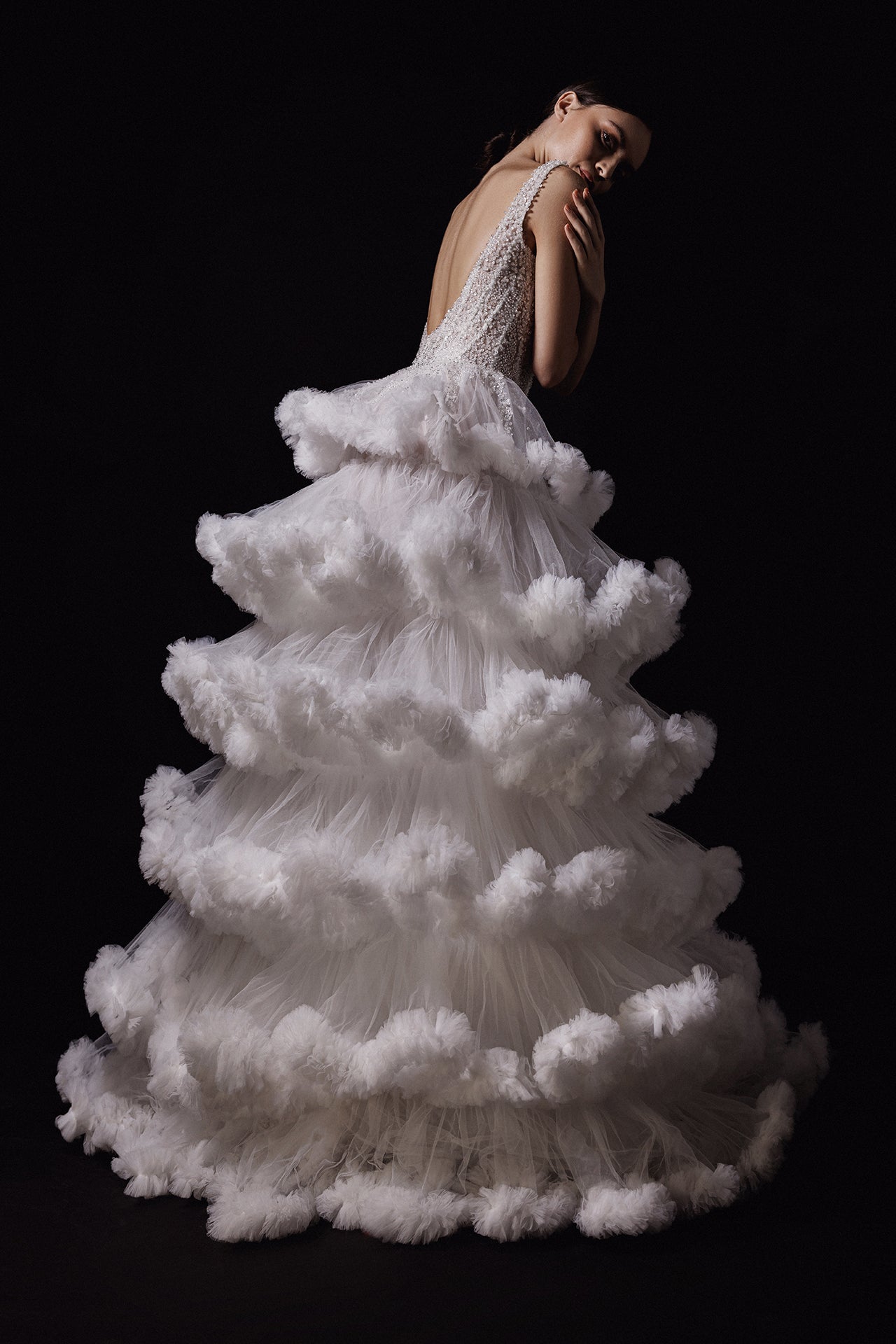 Sleeveless Wedding Gown with Embroidered Bodice and Ruffled A-Line Skirt
