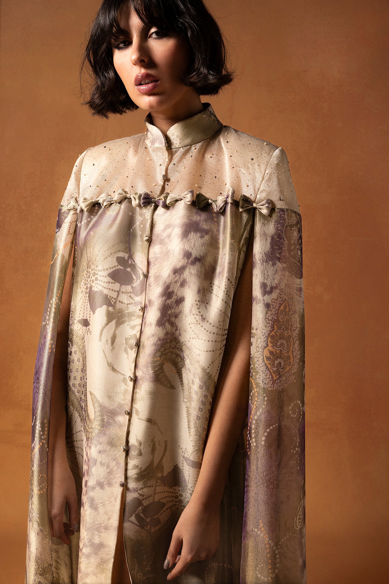 Printed Silk Champagne Kaftan with Organza and Bow Accents