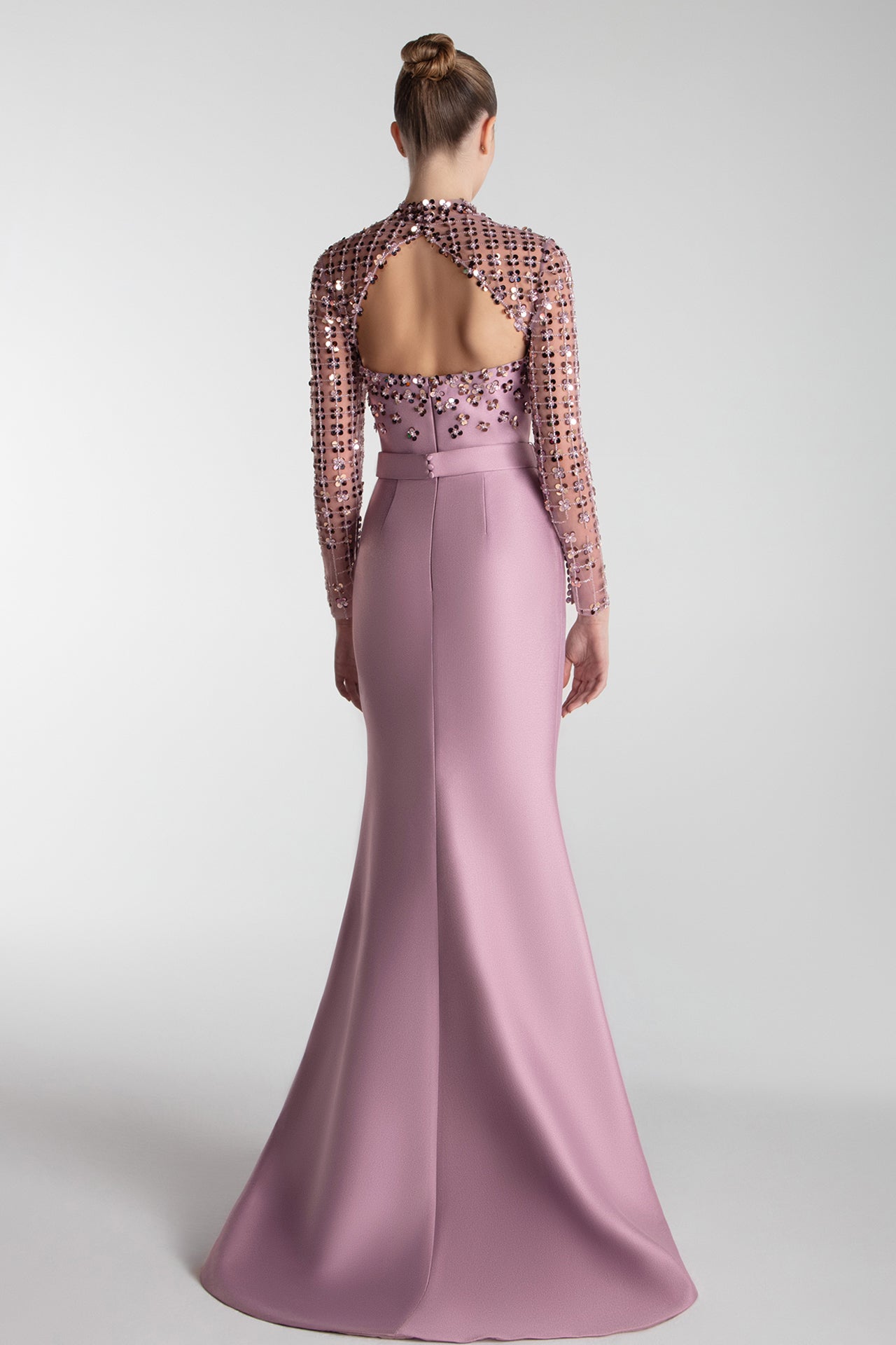 Structured Cape Sleeve Gown With Mirror Embroidery