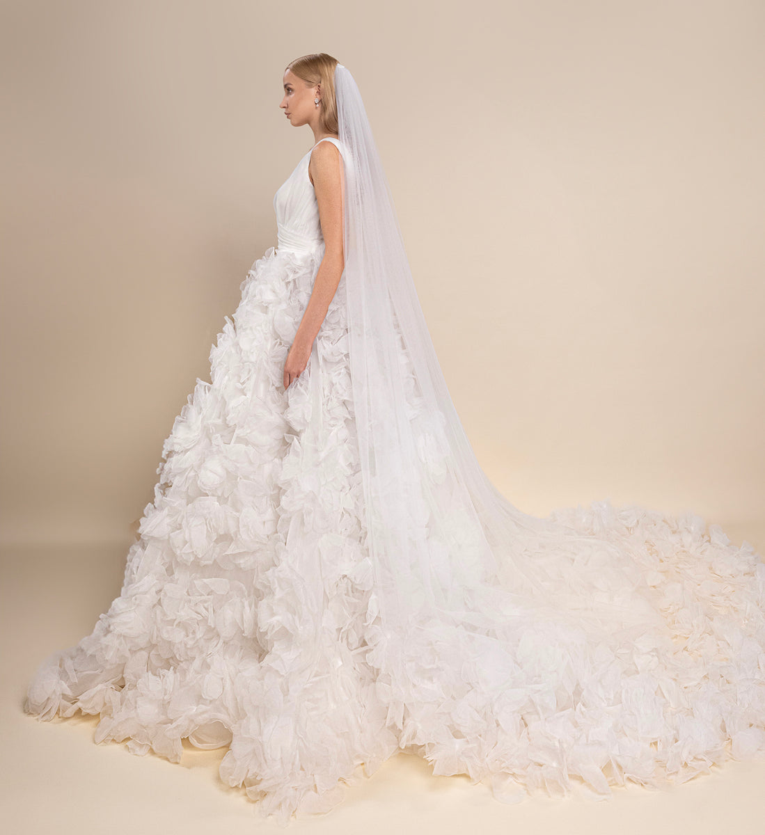 Floral Layered Bridal Gown with Side Slit and Matching Cathedral