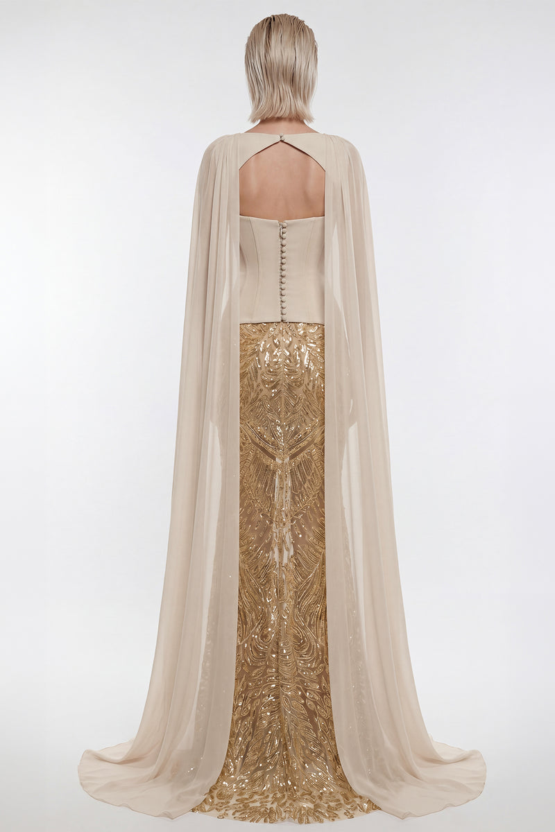Embroidered Sequin Cape Gown  Gattinolli by Marwan