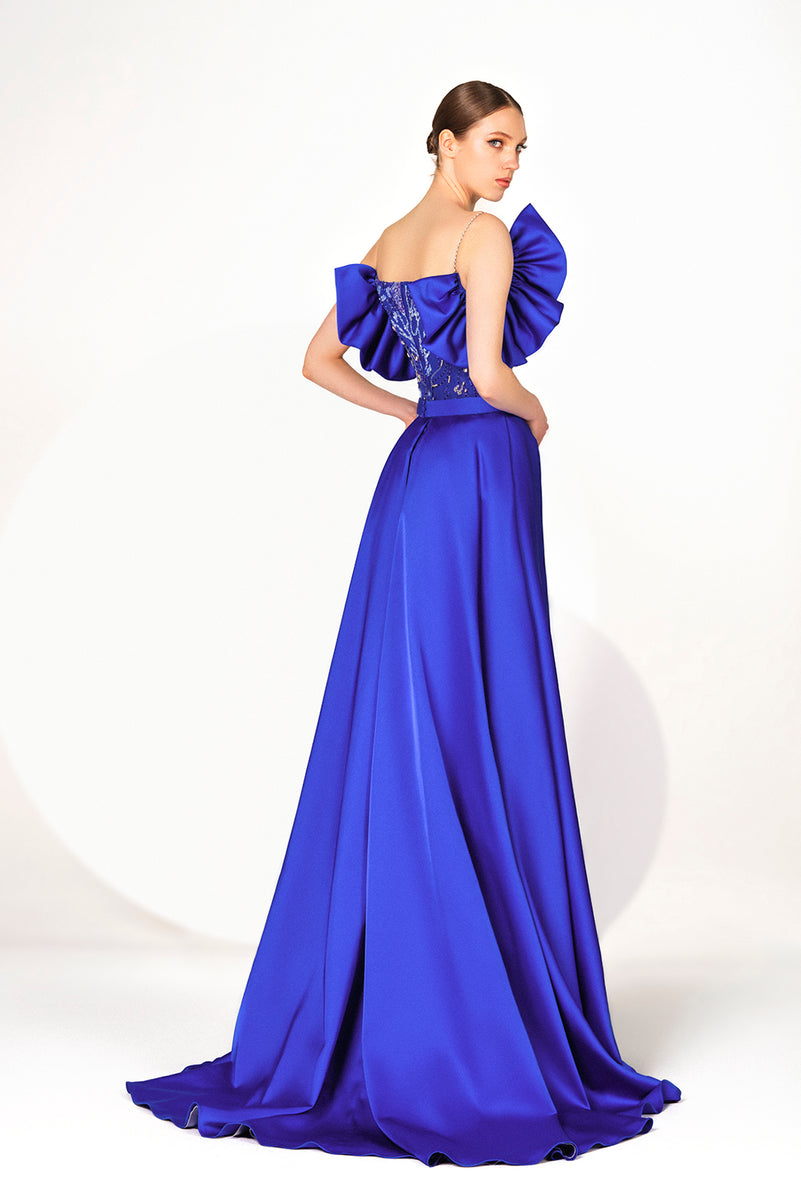 Royal-Blue Plunging Satiny Evening Dress Plunging Embroidered Corset, –  Gattinolli by Marwan