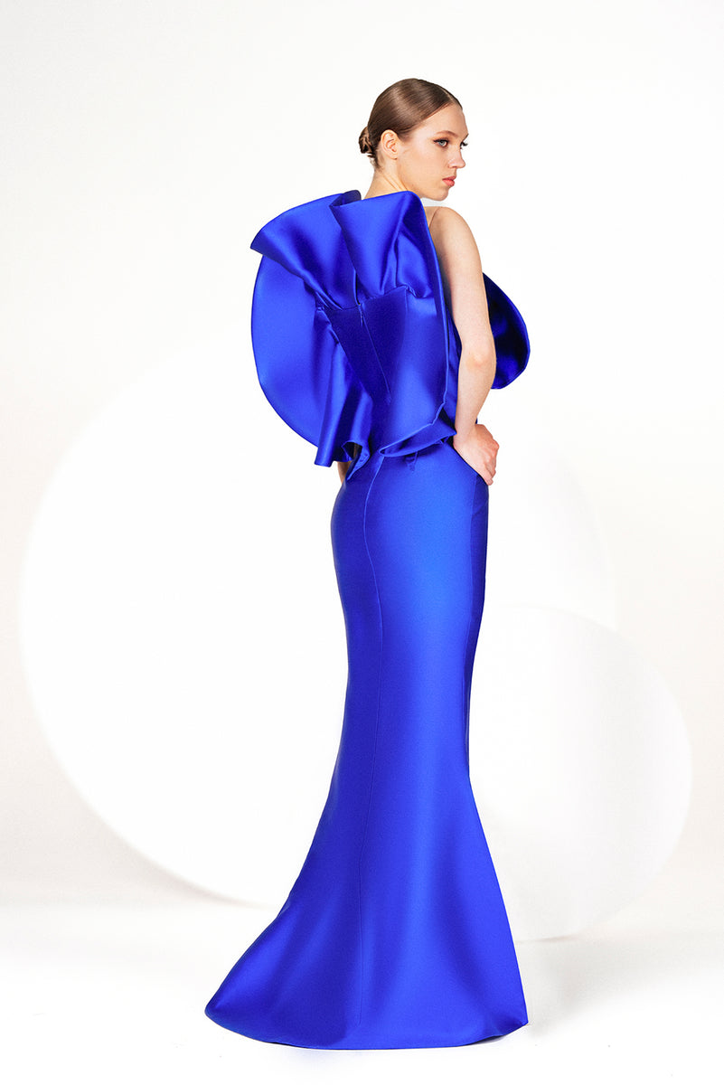 Royal Blue Cady Evening Dress with Symmetrical Ruffles in a Butterfly Shape  on the Bust
