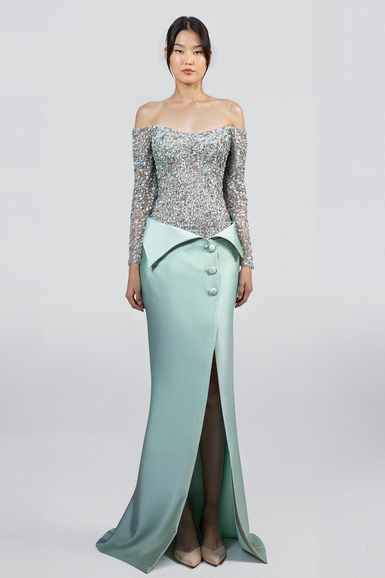 Load and play video in Gallery viewer, Mint embroidered tulle dress, long sleeves, off-shoulder neckline, mint cadi skirt, three-button hip wrap, slit, floor-length train, folded waistband.