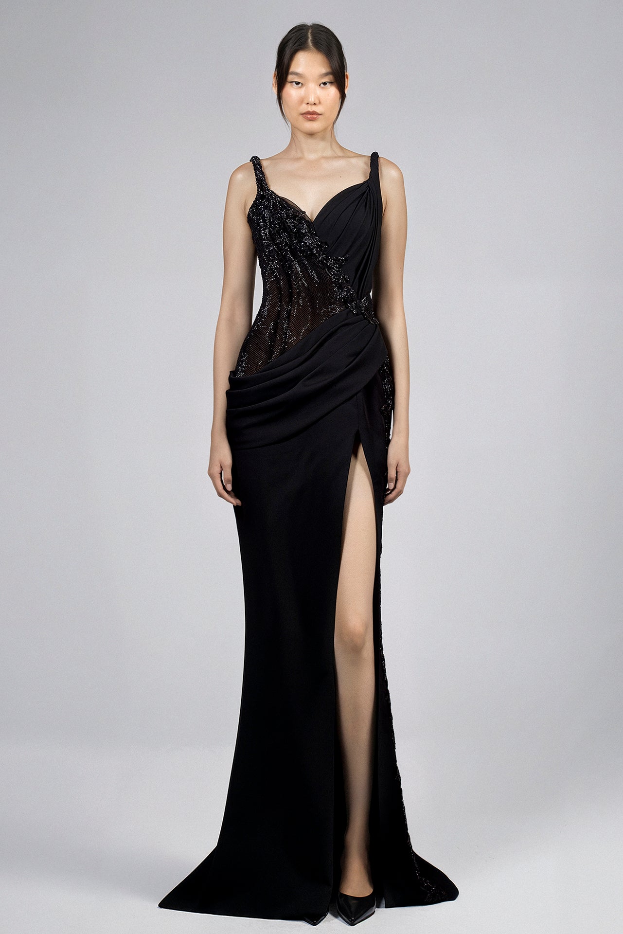 تحميل وتشغيل الفيديو في عارض المعرض، Black crepe dress, crystal embroidered mesh inserts, spaghetti straps, sweetheart neckline, draped bodice, side slit, sweep train.