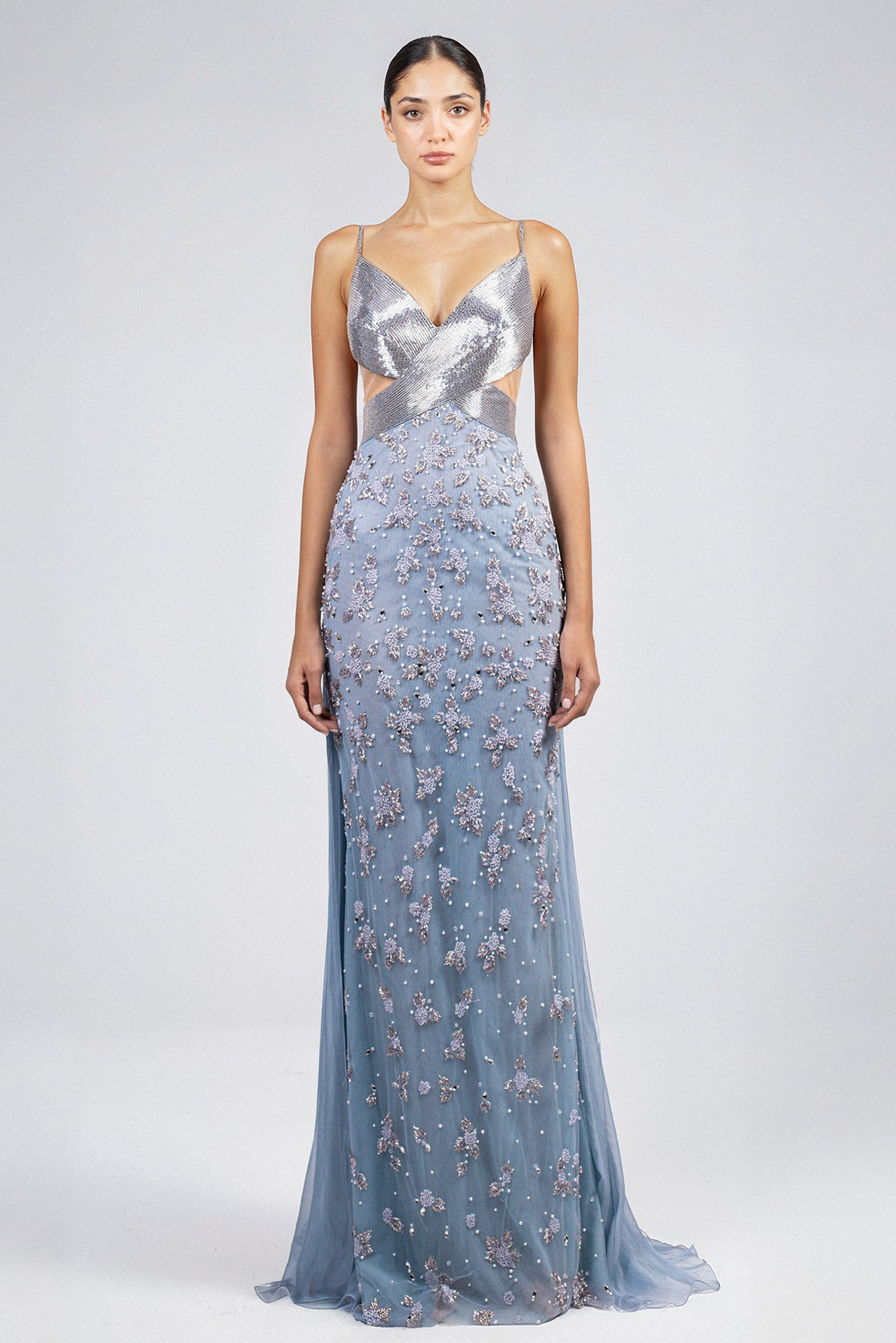 Load and play video in Gallery viewer, Blue gown, silver silene bodice, spaghetti straps, V-neckline, side cut-outs, cowl back, embroidered waistband, floral embroidered tulle skirt, sweep train.