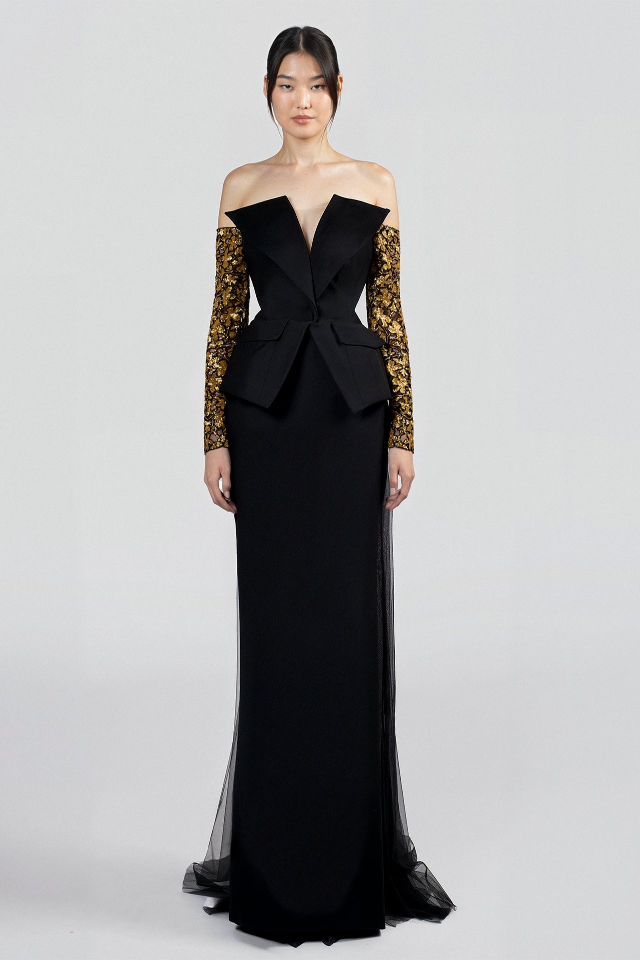 Load and play video in Gallery viewer, Off-shoulder neckline dress, plunging V-front, fitted crepe bodice and skirt, hand-embroidered long sleeves, tulle overlay skirt with train