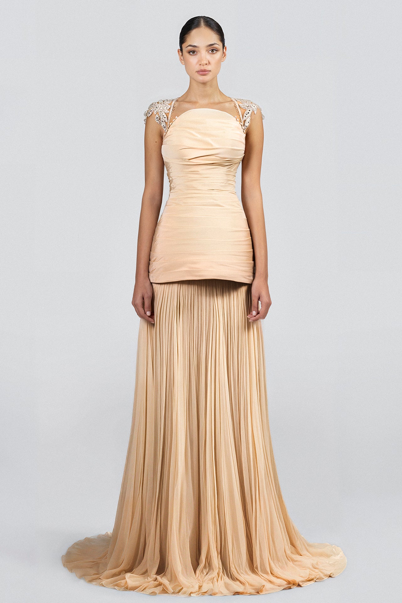 Load and play video in Gallery viewer, Taffeta top, embroidered tulle cap sleeves, open back, paired with floor-length pleated chiffon skirt, train.