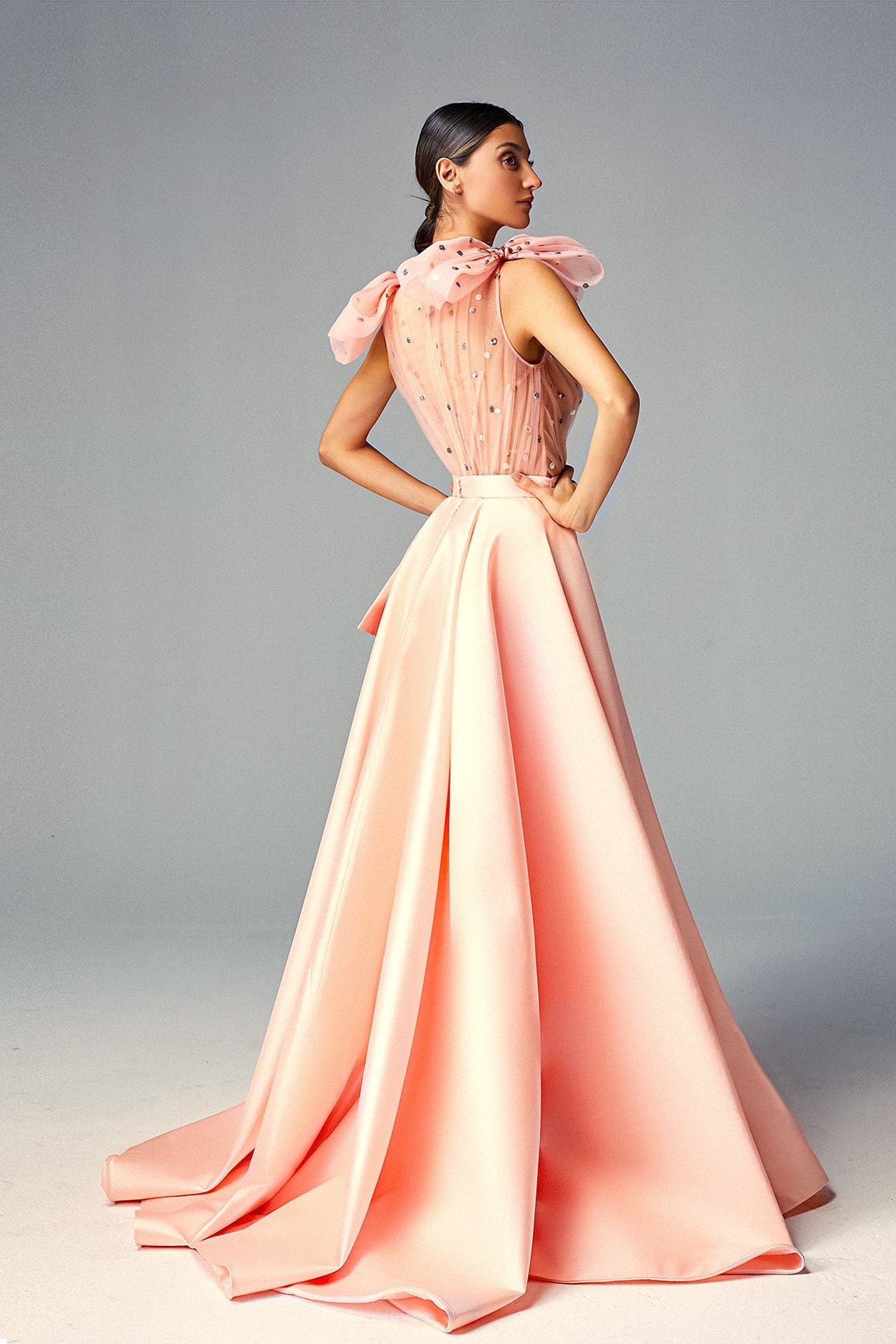 Draped Sequined Carnation Pink Tulle Top & shoulder Bow & Mikado Over Skirt